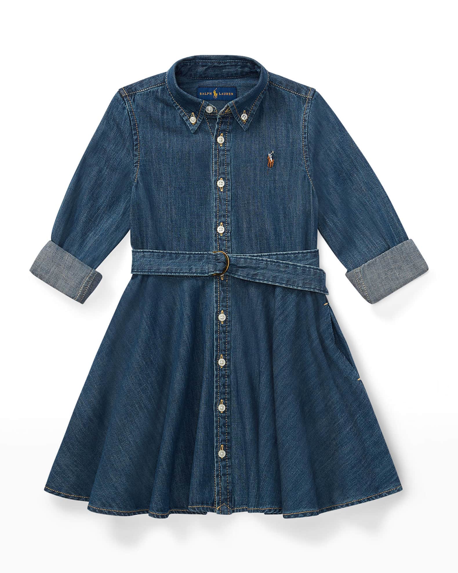 Girl's Belted Fit-and-Flare Denim Shirtdress 1