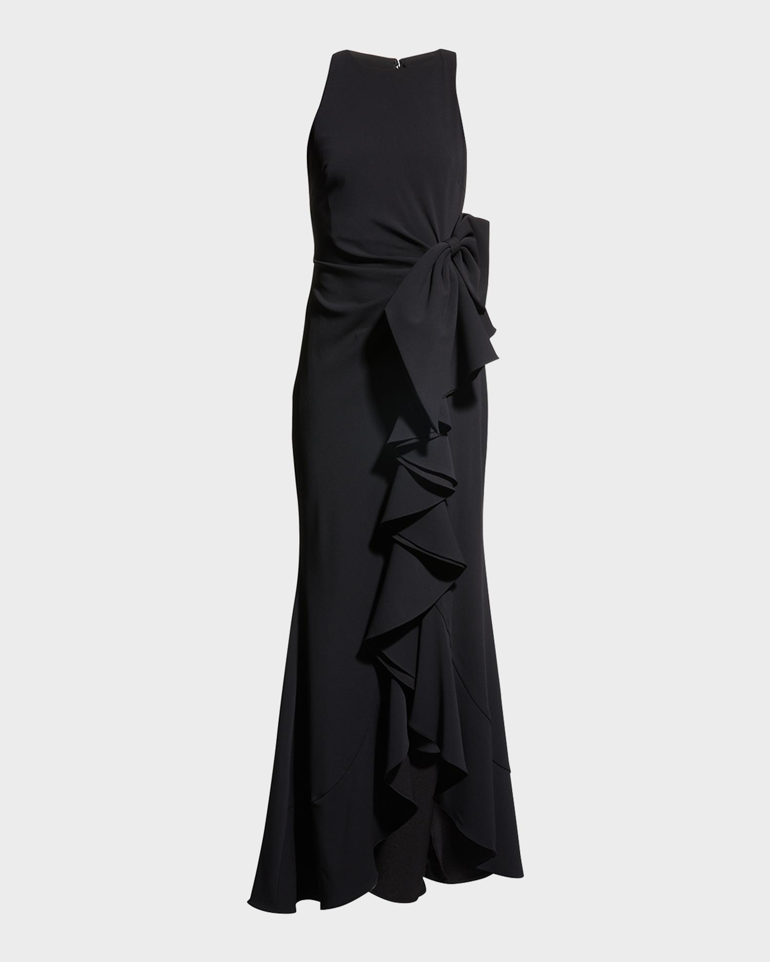 badgley mischka asymmetrical dress Collection Odessa Asymmetric Ruffle-Skirt Crepe Gown Fitted Long Lace-Up Back Resort 2026 Uneven/Asymmetric Color:Navy-DB775