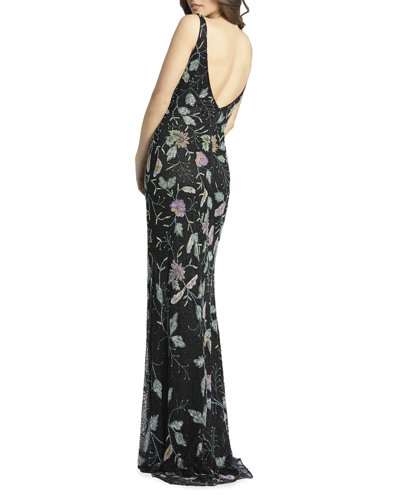 Mac Duggal Floral Bugle Beaded VNeck Column Gown Neiman Marcus