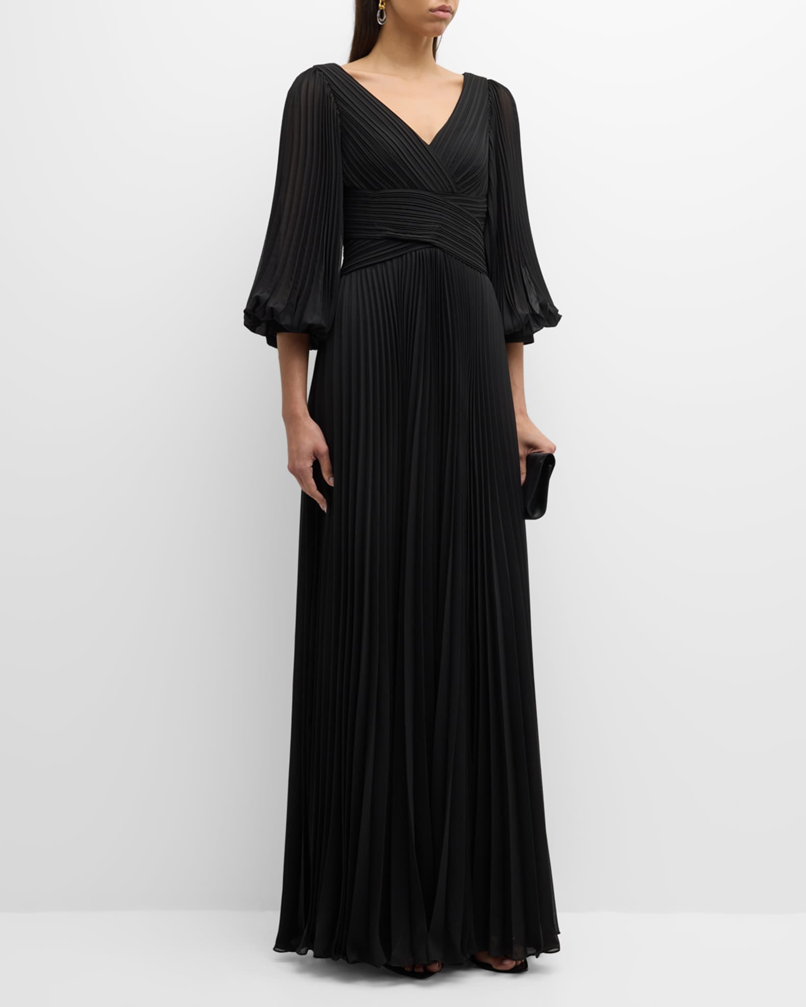 V-Neck Puff-Sleeve Pleated Chiffon Gown 1