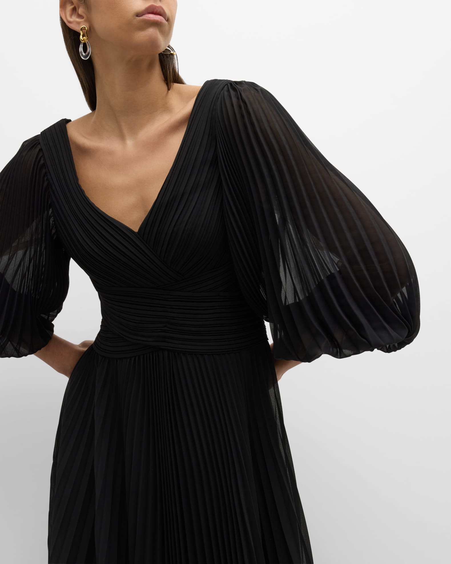 Chiffon Puff Sleeve Pleated V-Neck Gown