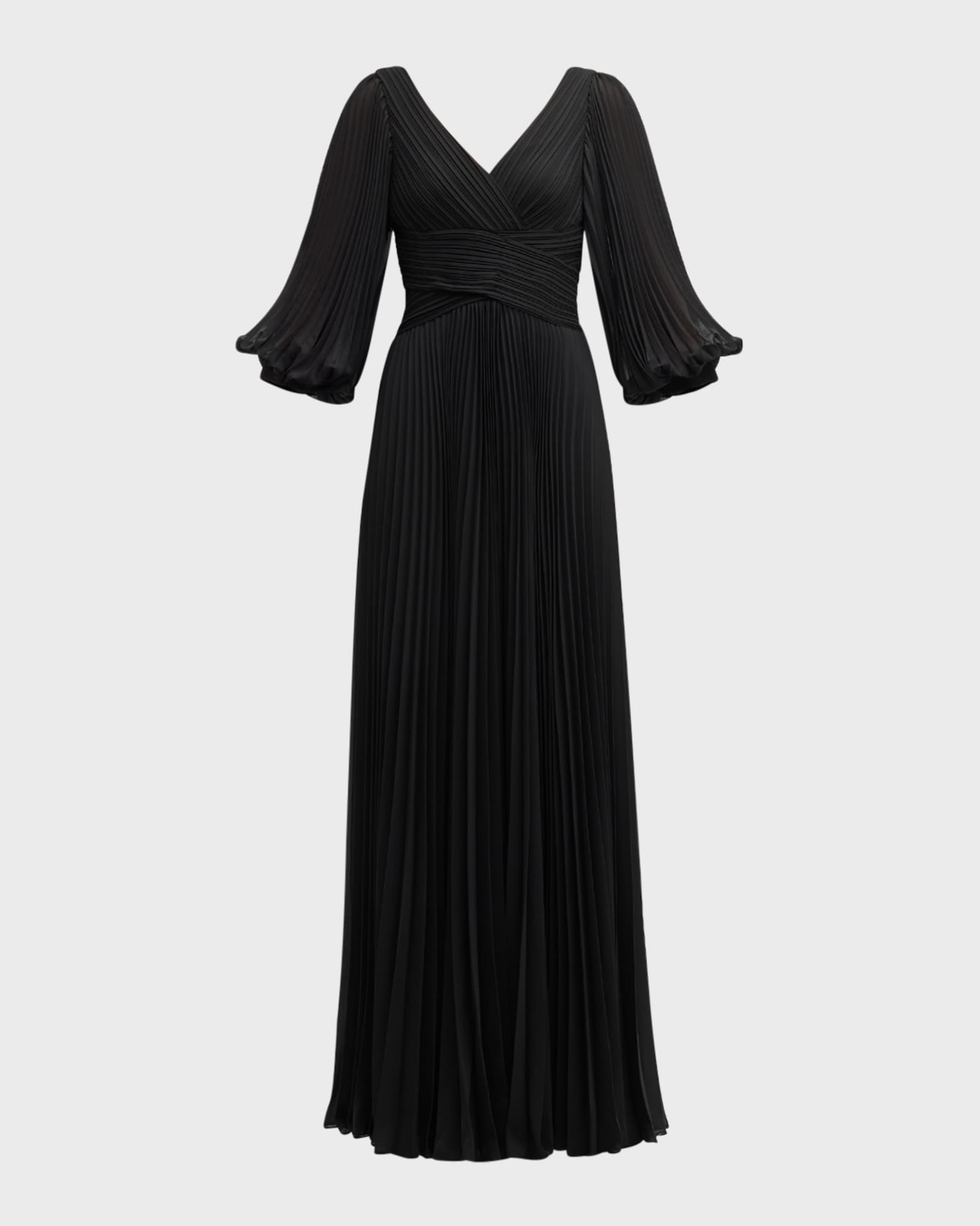 V-Neck Puff-Sleeve Pleated Chiffon Gown 0