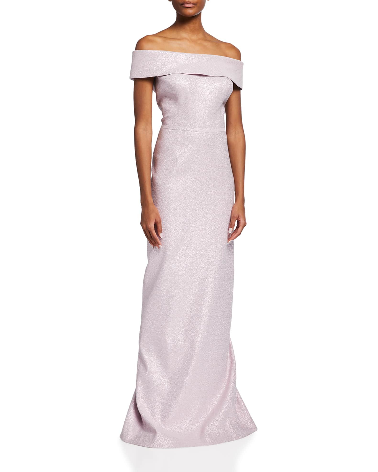 Rickie Freeman for Teri Jon Off-Shoulder Metallic Column Gown | Neiman ...