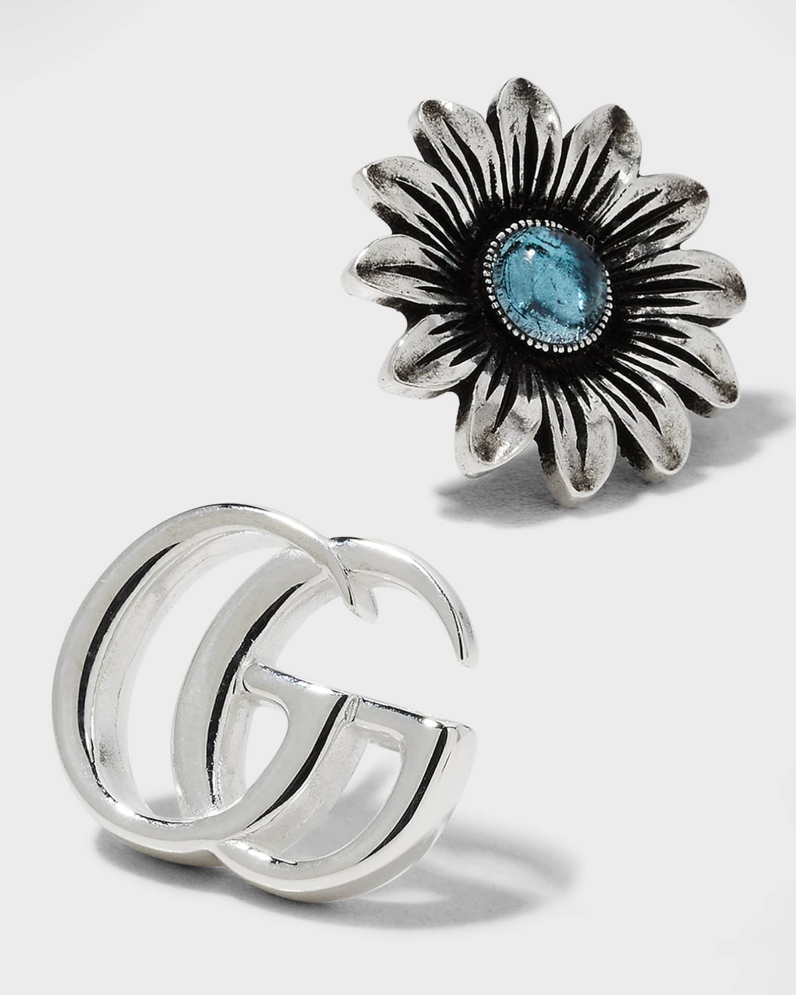 GG Marmont & Flower Mismatched Sterling Silver Stud Earrings