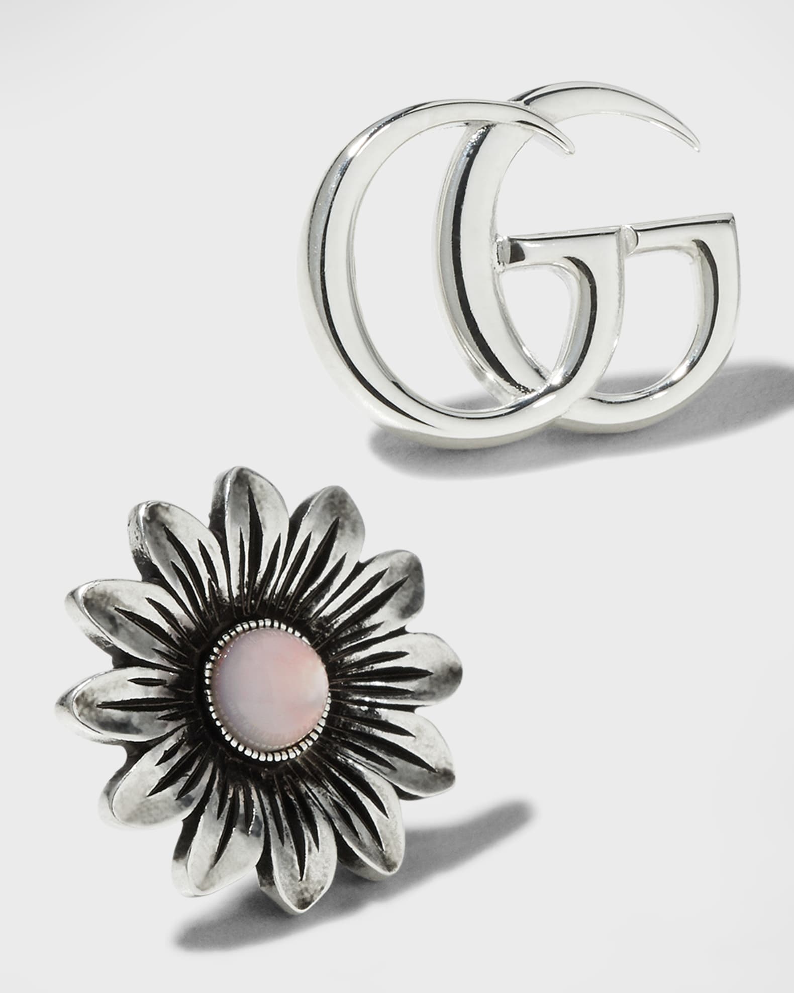 Gucci GG Marmont & Flower Mismatched Sterling Silver Stud Earrings | Neiman Marcus