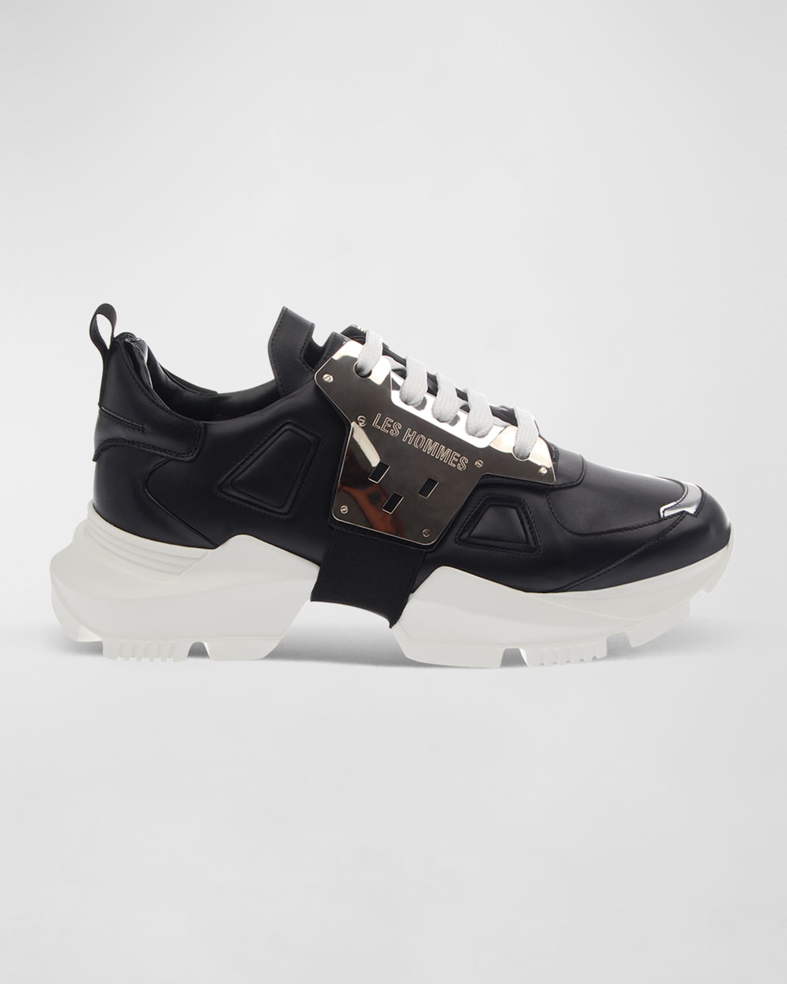 Les Hommes Men s Metallic Leather Chunky Low Top Sneakers Black