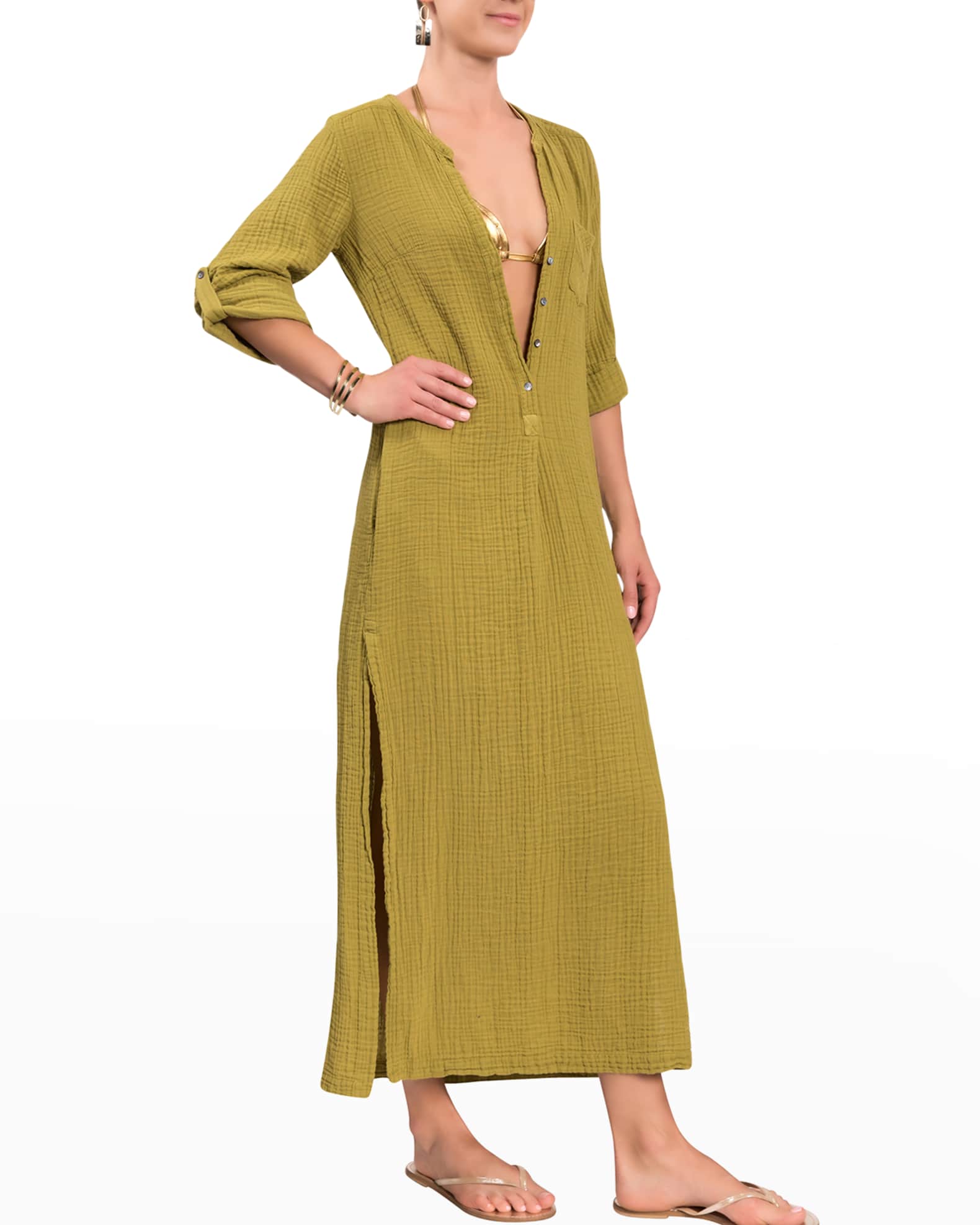 Everyday Ritual Tracy Gauze Cotton Henley Caftan Neiman Marcus