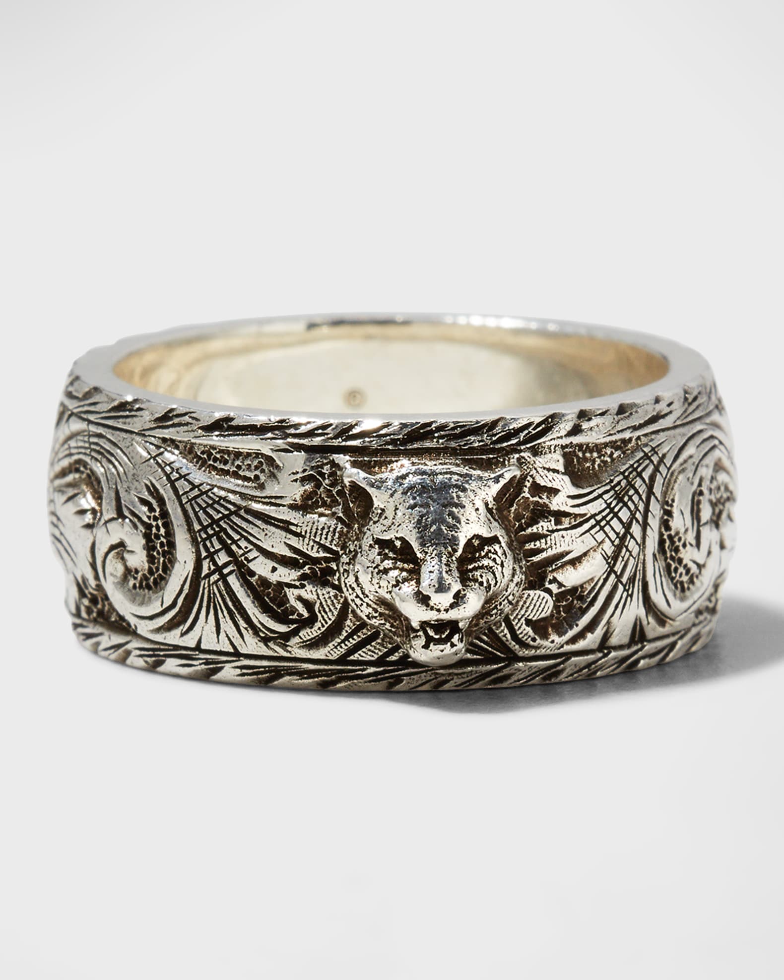 Gucci Thin Silver Ring with Feline Head, Size 12, Sterling Silver, Sterling Silver