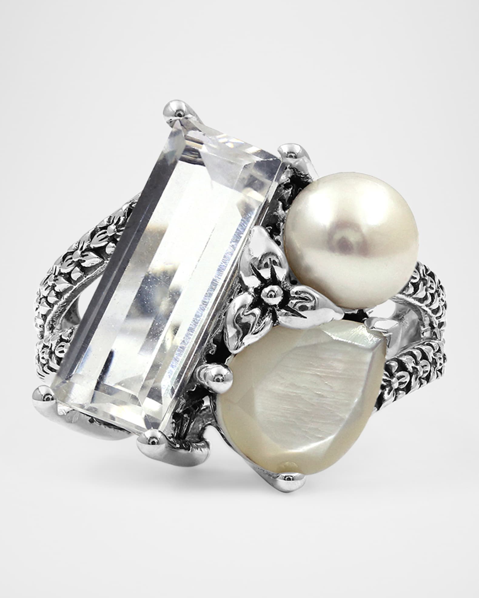 Stephen Dweck Rock Crystal and Mother-of-Pearl Triplet Ring, Size 