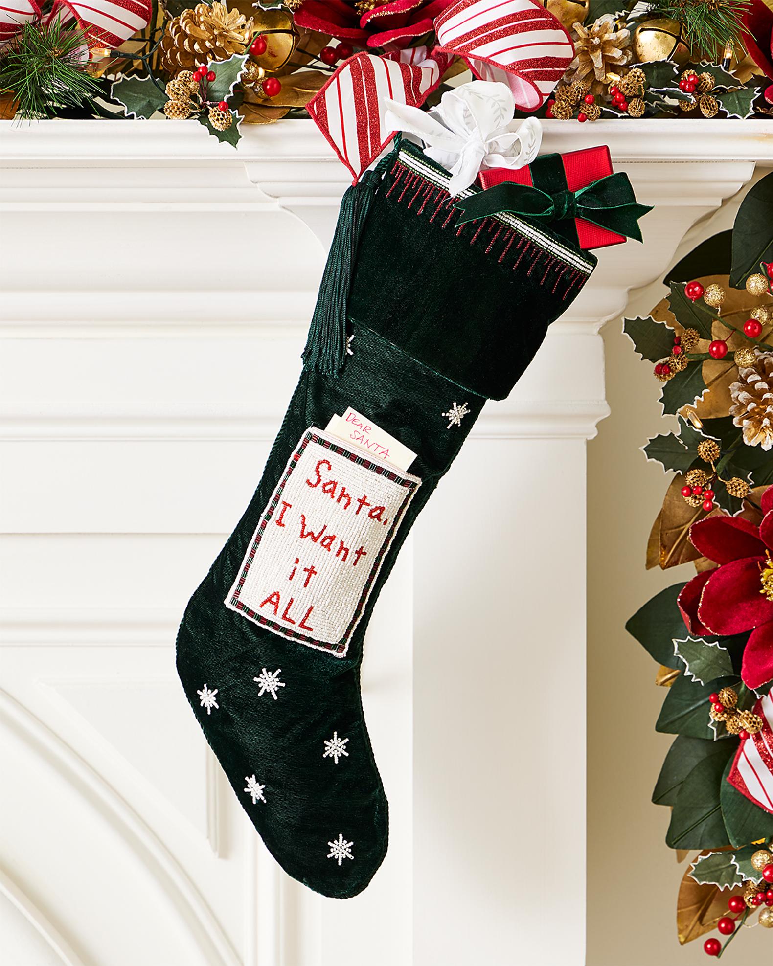 Sudha Pennathur Personalized Green Stocking with Santa I Want It All ...