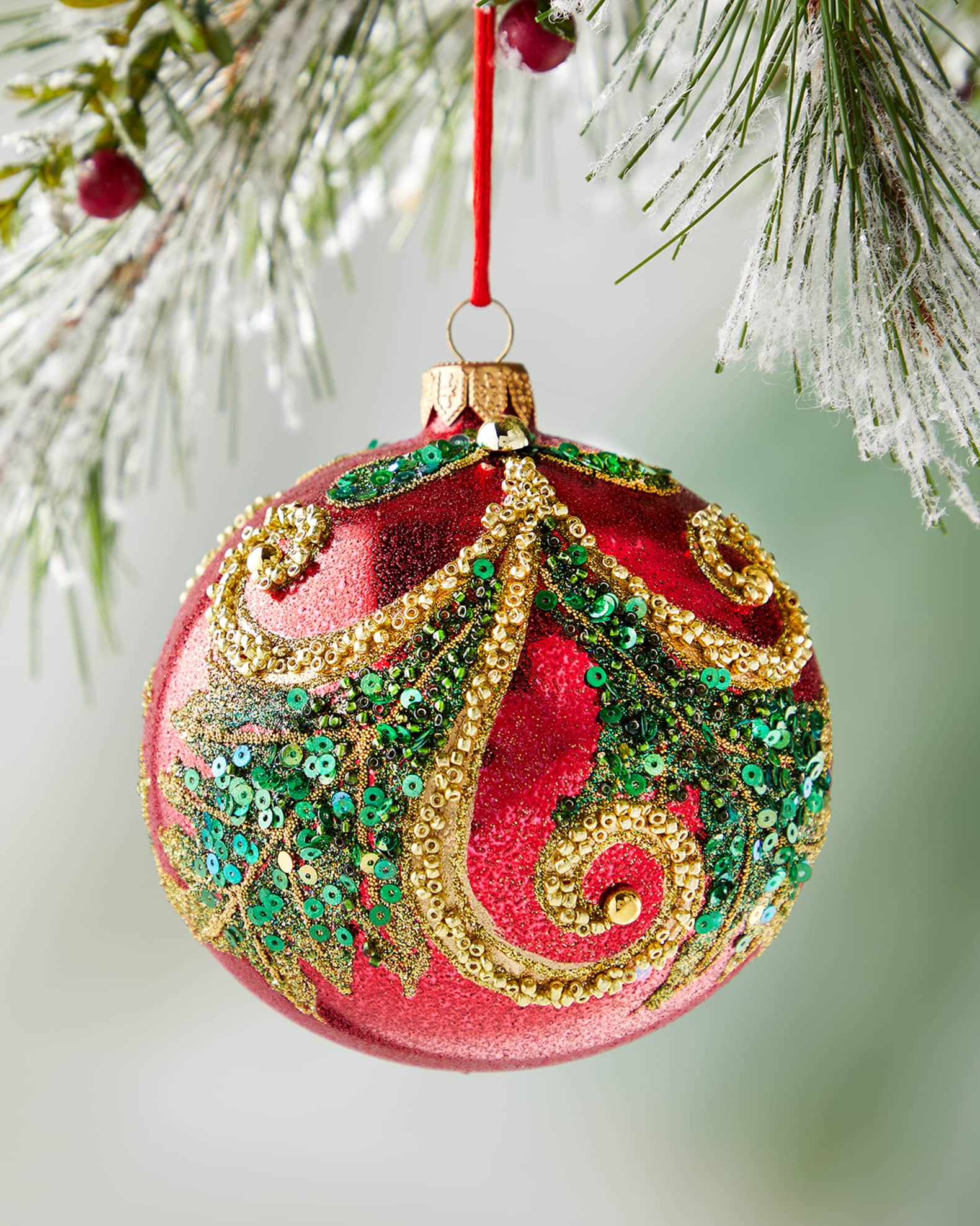 Neiman Marcus 10cm Ball Red Glittered With Green And Gold Leaves