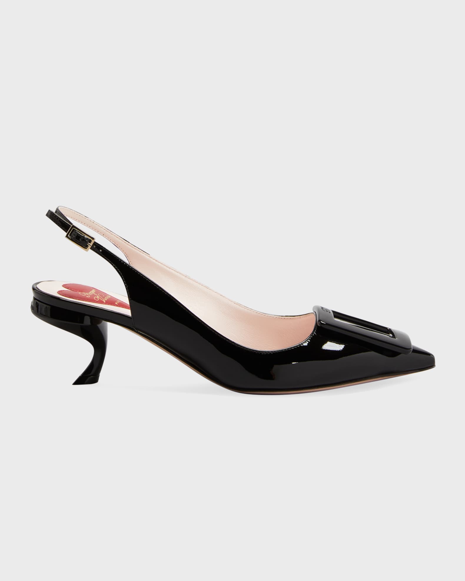 Roger Vivier Patent Buckle Kitten-Heel Slingback Pumps