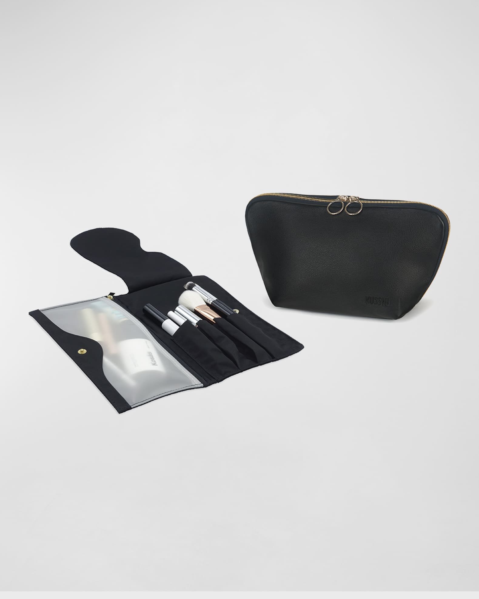 KUSSHI Signature Makeup Bag with Pocket Organizer, Leather