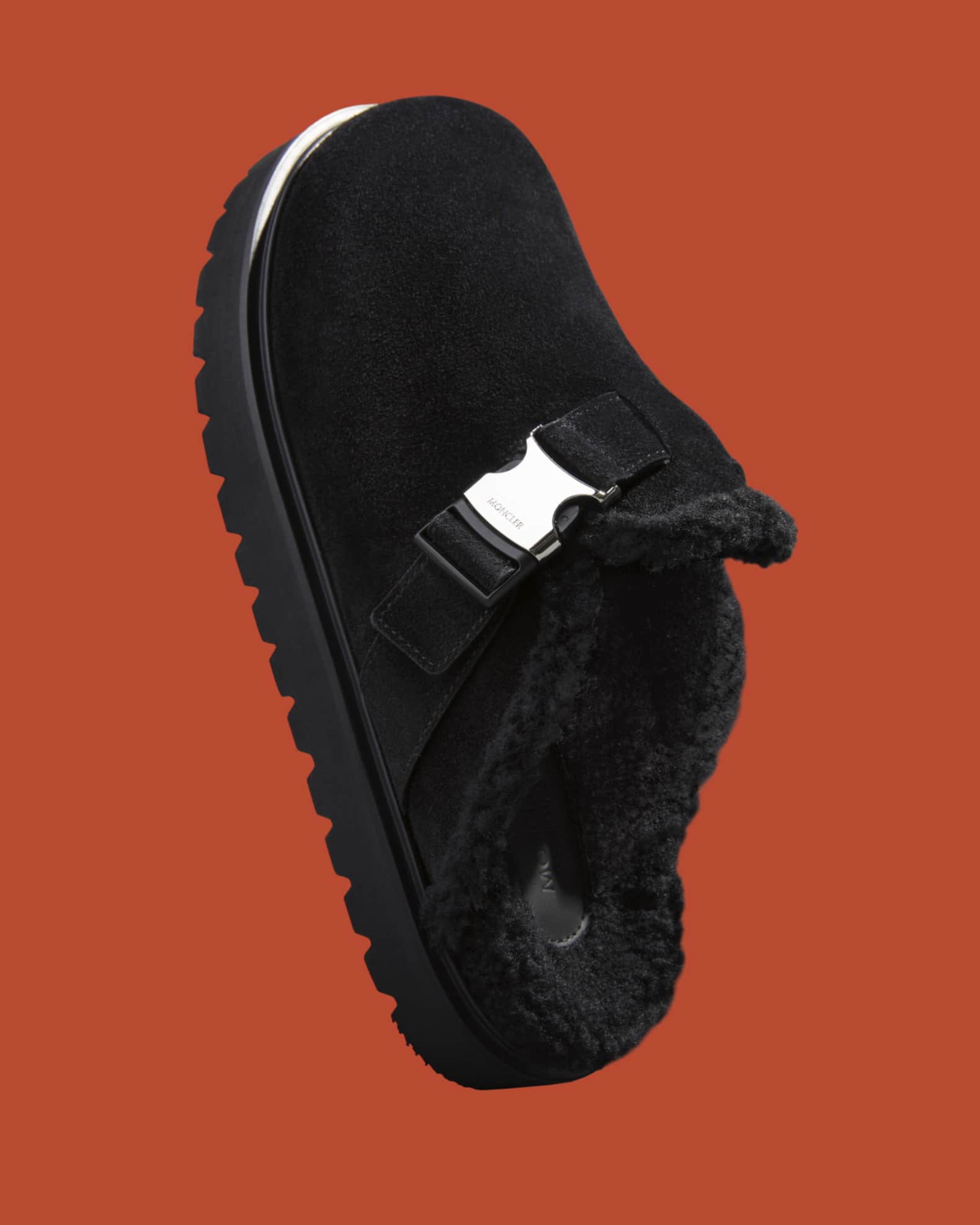 Moncler Mon Mule Suede Shearling-Lined Slide Mules | Neiman Marcus