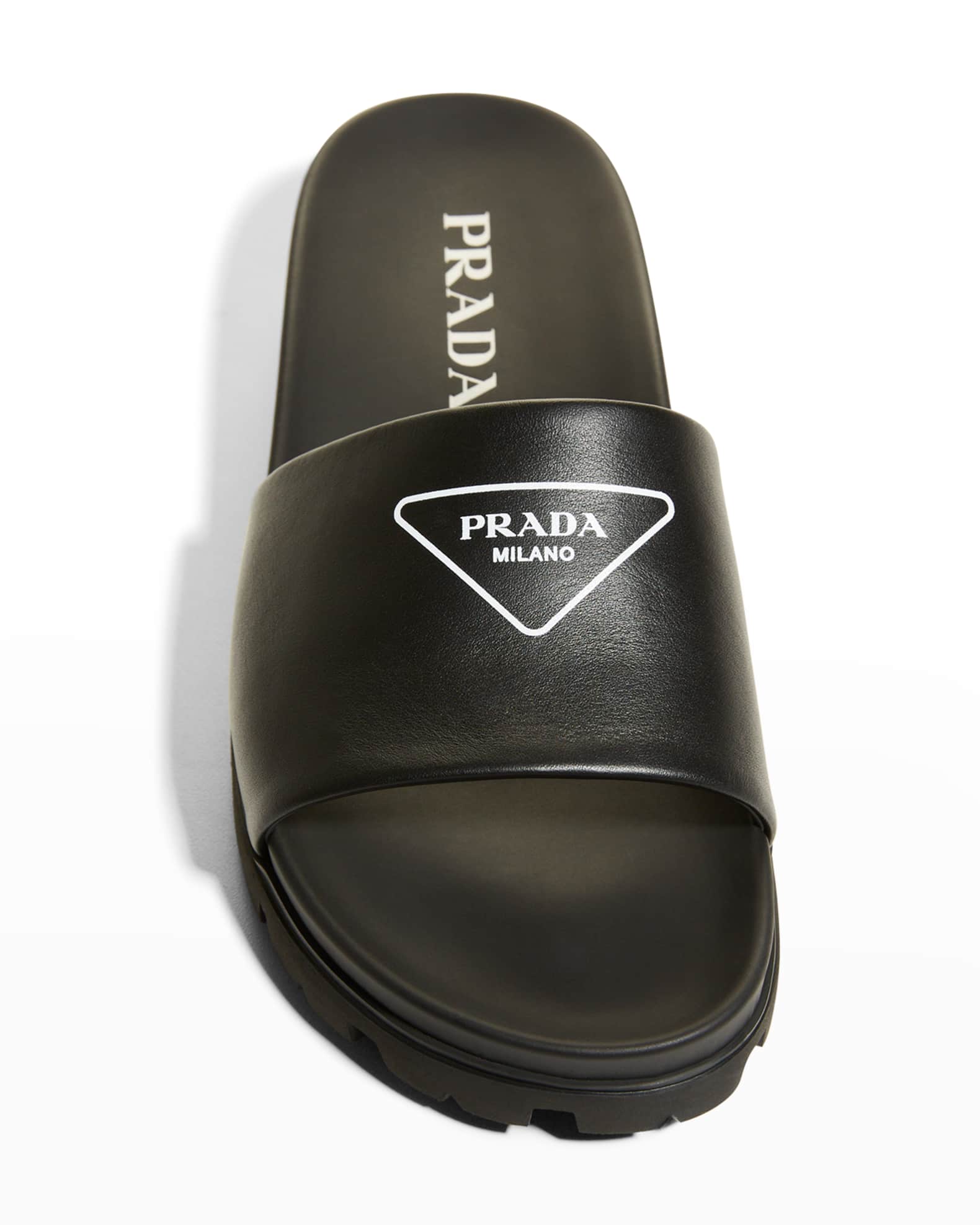 Prada Men's Leather Logo Slide Sandals | Neiman Marcus