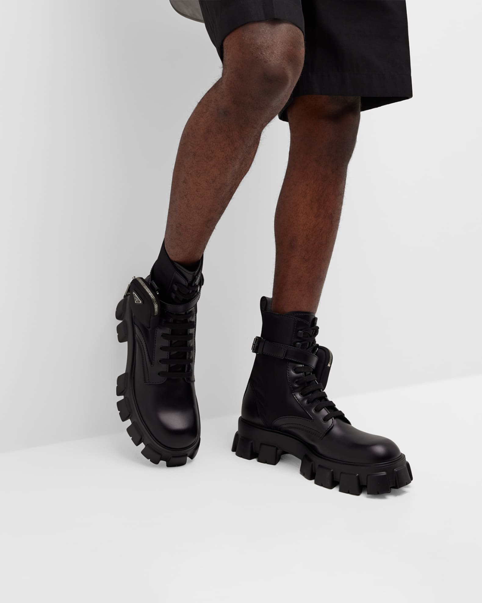 Prada Men's Re-Nylon & Leather Zip Pocket Combat Boots | Neiman Marcus