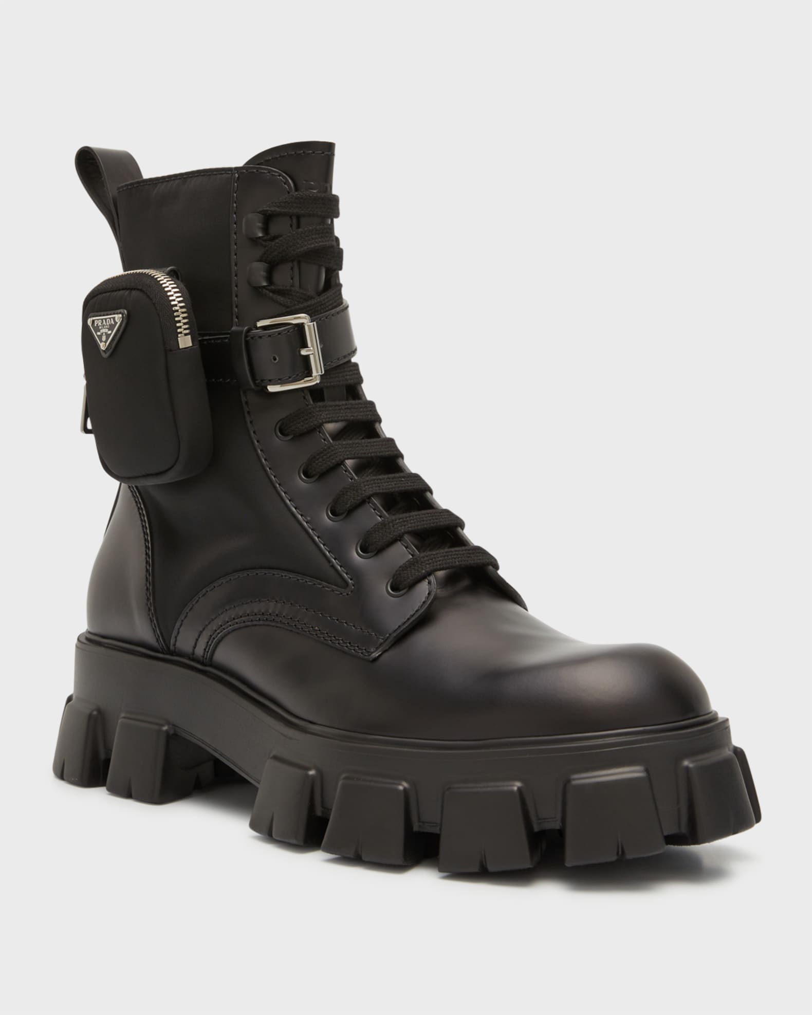 Prada Men's Re-Nylon & Leather Zip Pocket Combat Boots | Neiman Marcus