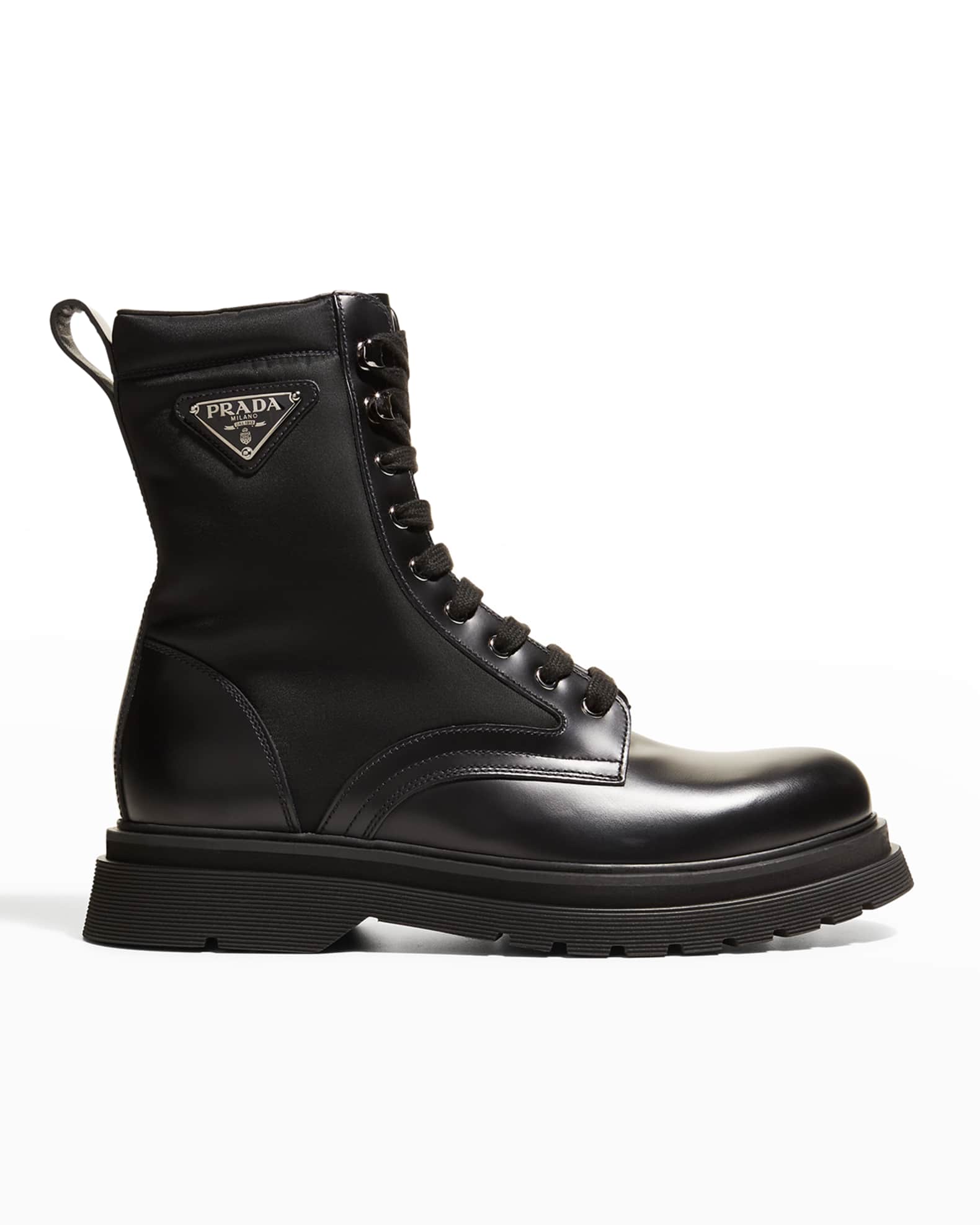 Prada Men's Re-Nylon & Leather Combat Boots | Neiman Marcus