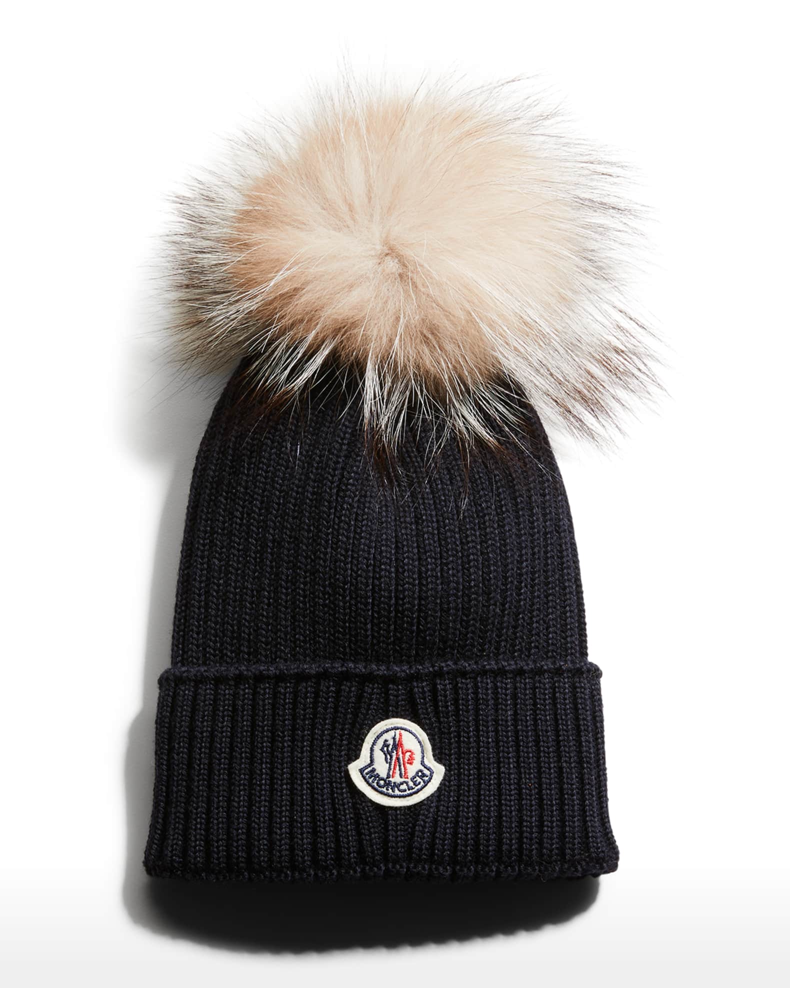 Moncler Kid's Rib-Knit Beanie Hat w/ Fur Pompom | Neiman Marcus