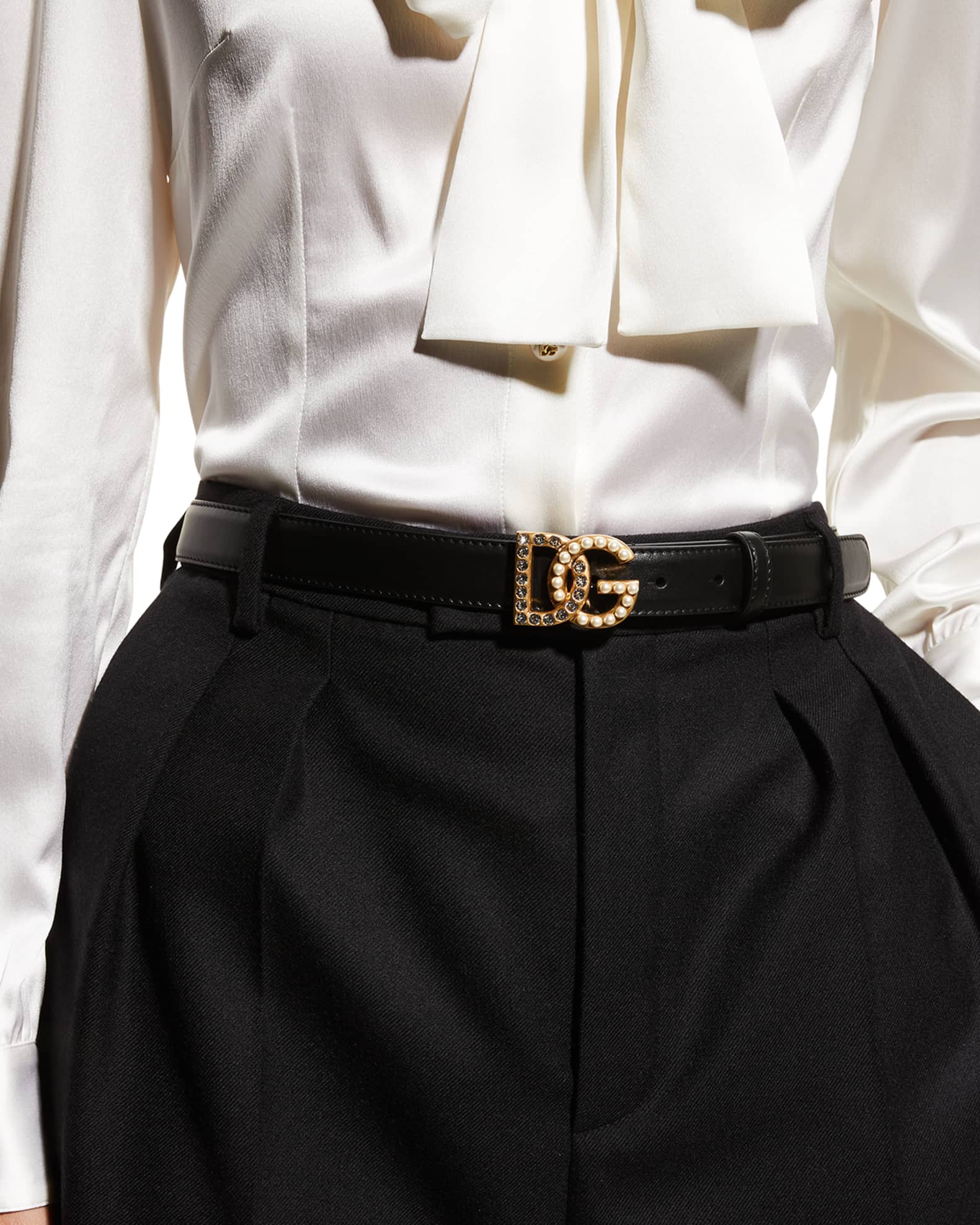 Dolce&Gabbana DG Swarovski Crystal & Pearl Leather Belt | Neiman Marcus