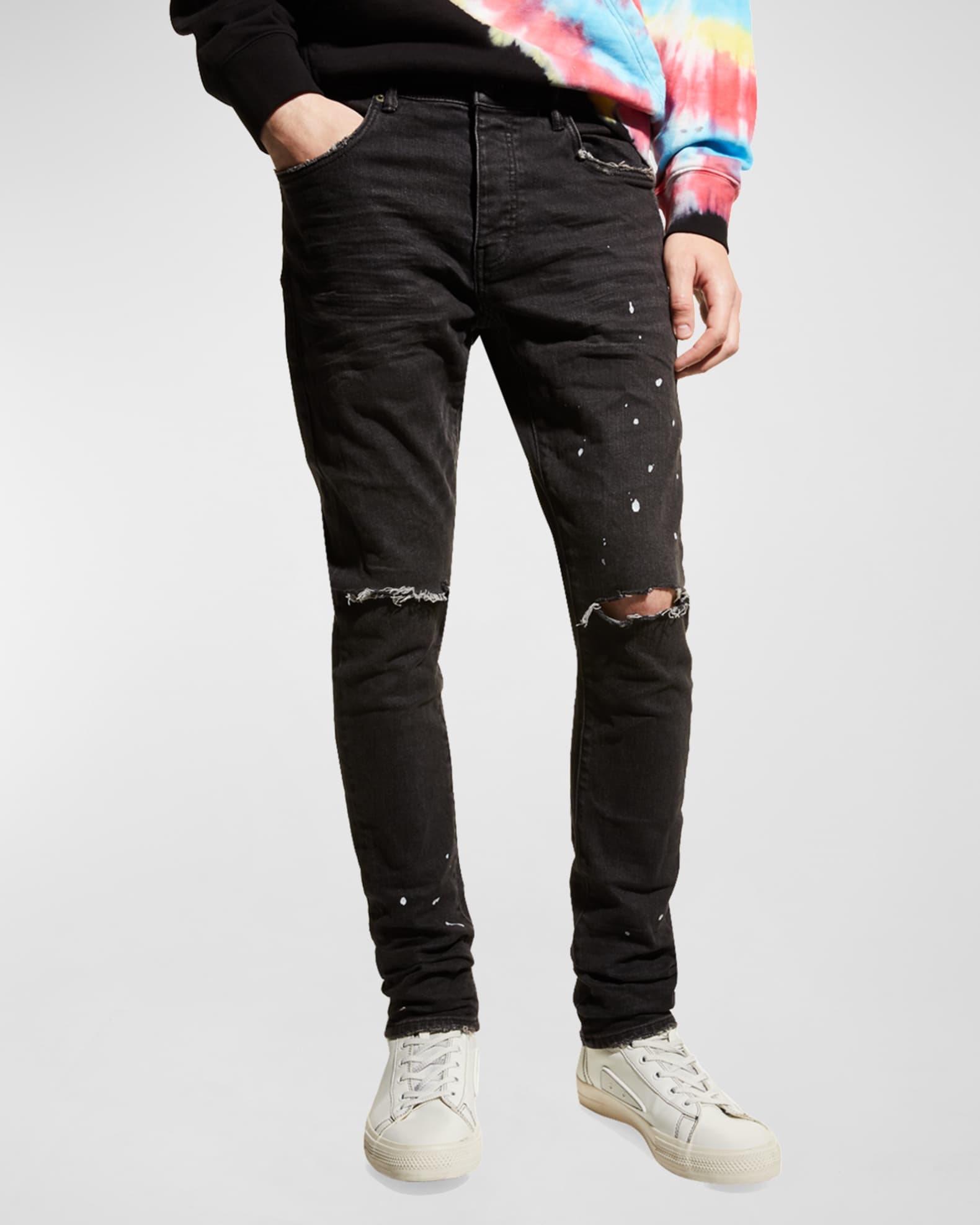 PURPLE Men's Distressed Paint-Splatter Slim Jeans - Bergdorf Goodman