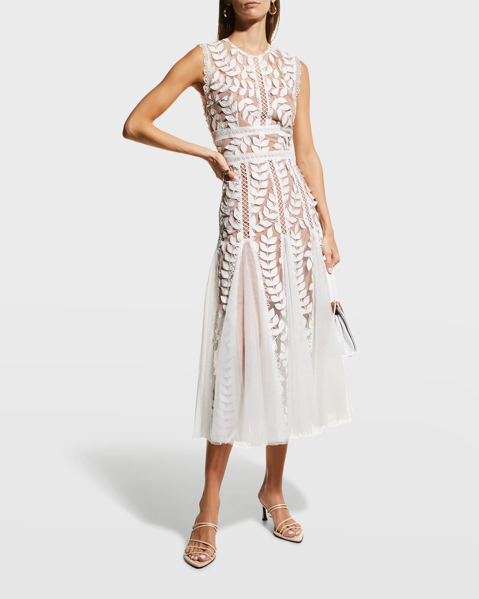 Bronx and Banco Saba Blanc Floral-Appliqué Lace Midi Dress | Neiman Marcus