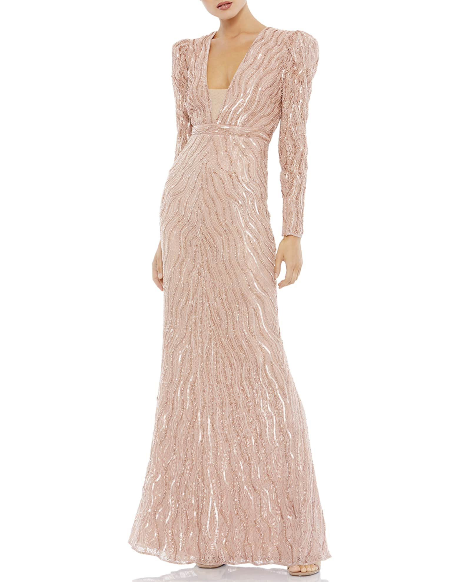 Mac Duggal Sequin Long Puff Sleeve Column Gown Neiman Marcus