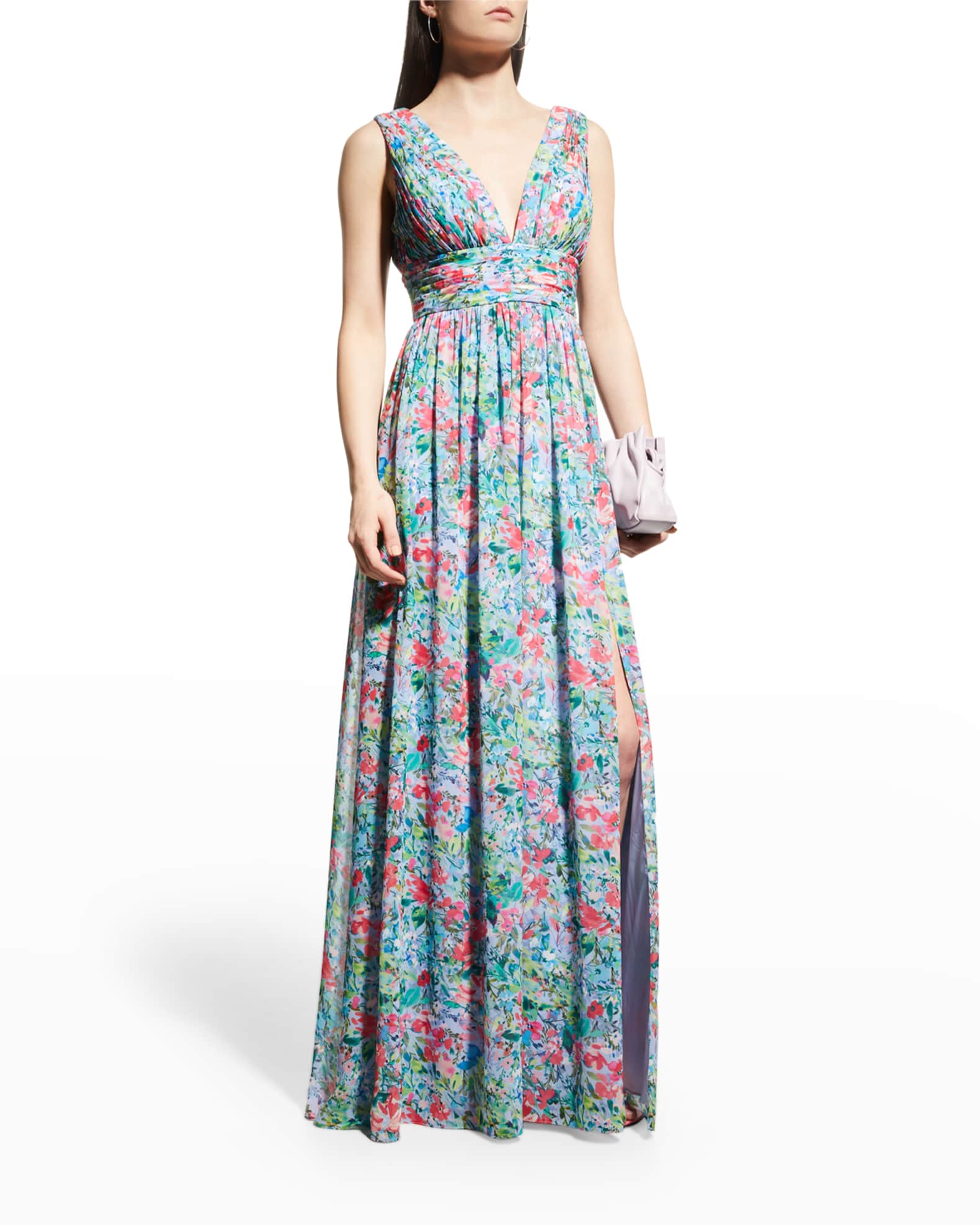 Aidan by Aidan Mattox Floral-Print Deep V-Neck A-Line Gown | Neiman Marcus