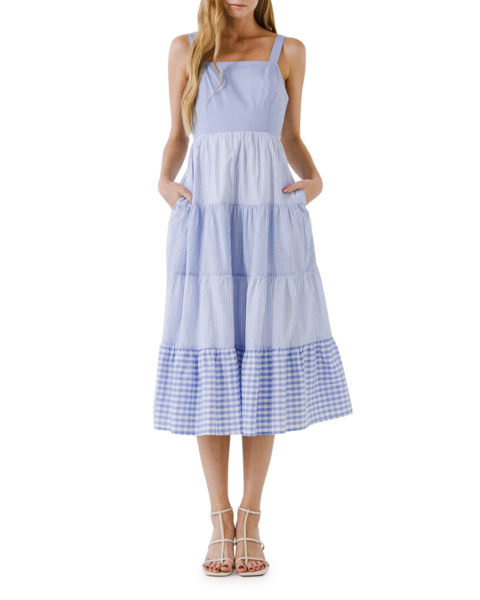 English Factory Contrast Gingham & Stripe Midi Dress | Neiman Marcus