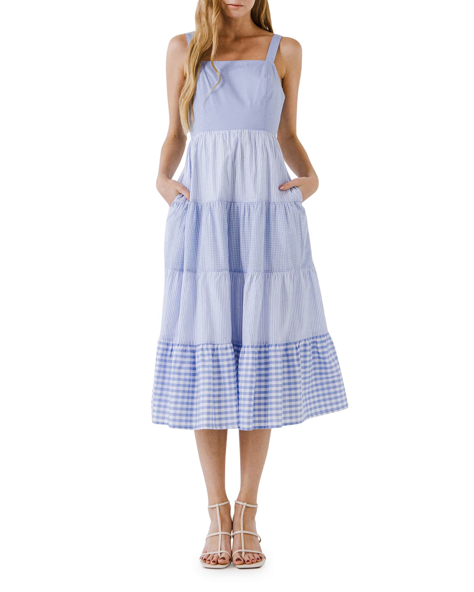 English Factory Contrast Gingham & Stripe Midi Dress Neiman Marcus