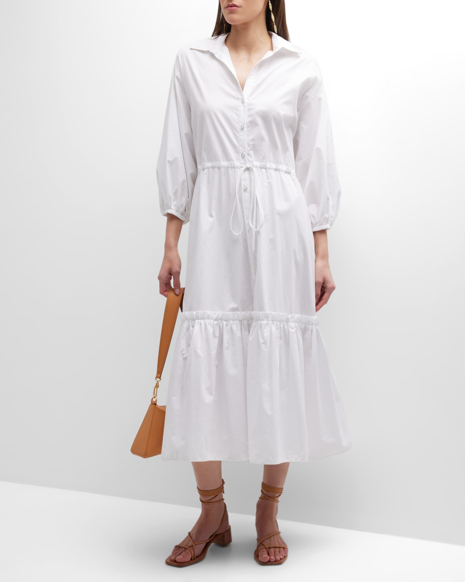 Cara Cara Hutton Puff-Sleeve Midi Shirtdress | Neiman Marcus