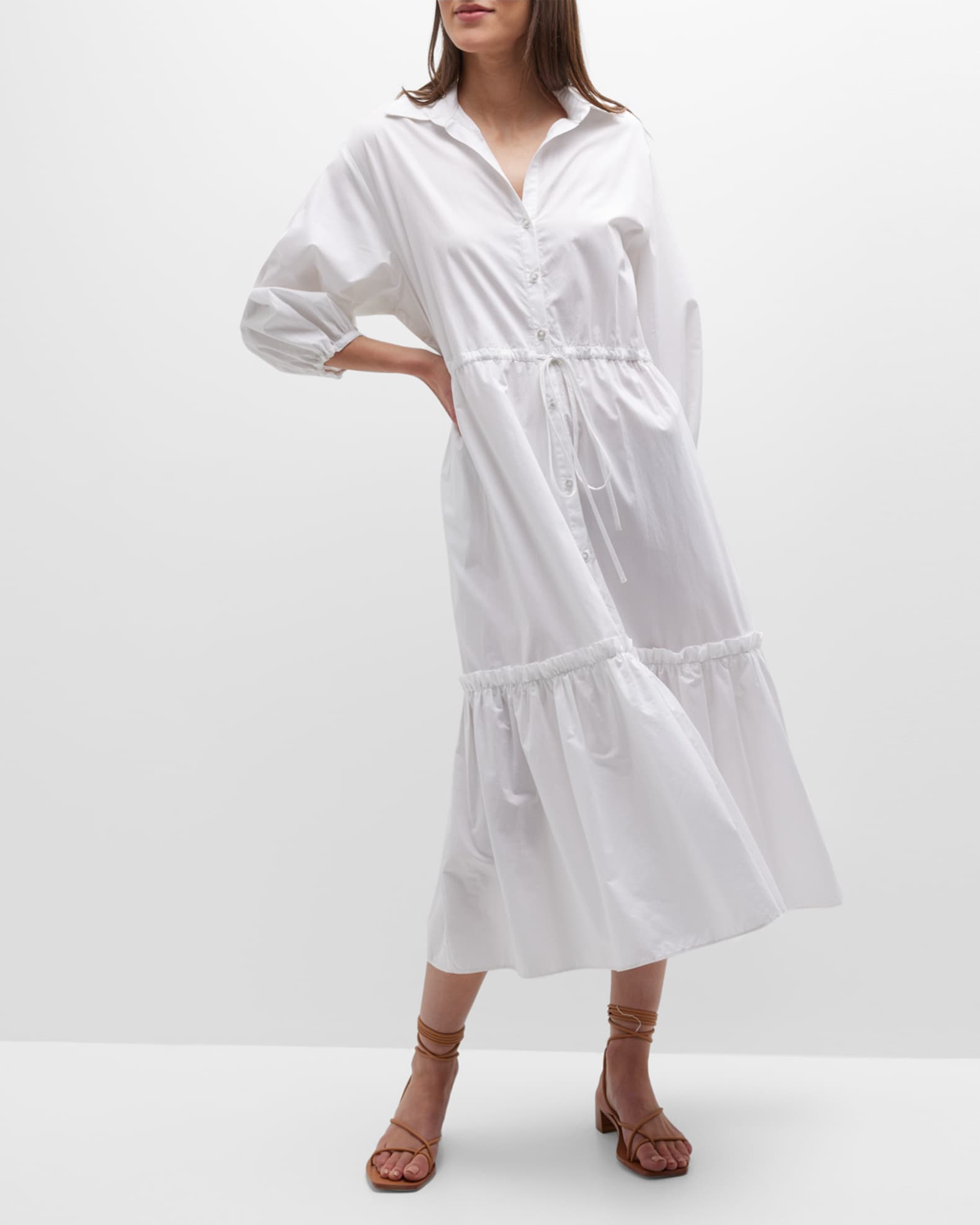 Cara Cara Hutton Puff-Sleeve Midi Shirtdress | Neiman Marcus