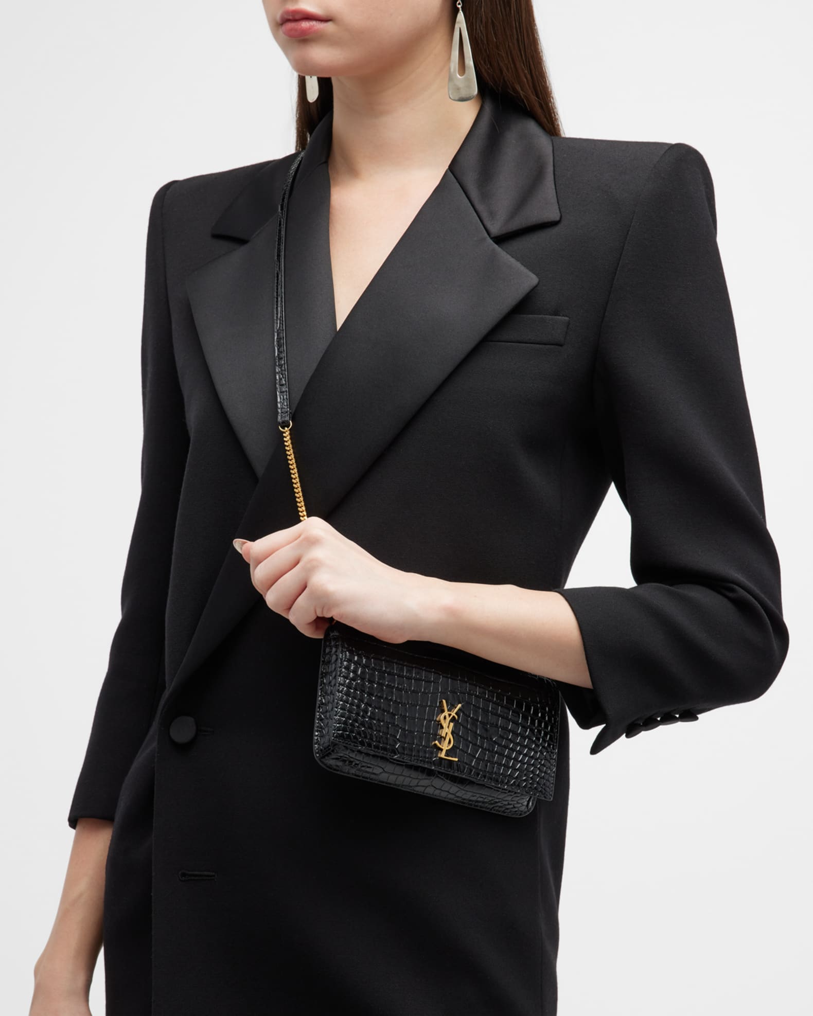 YSL Croc-Embossed Phone Holder Shoulder Bag