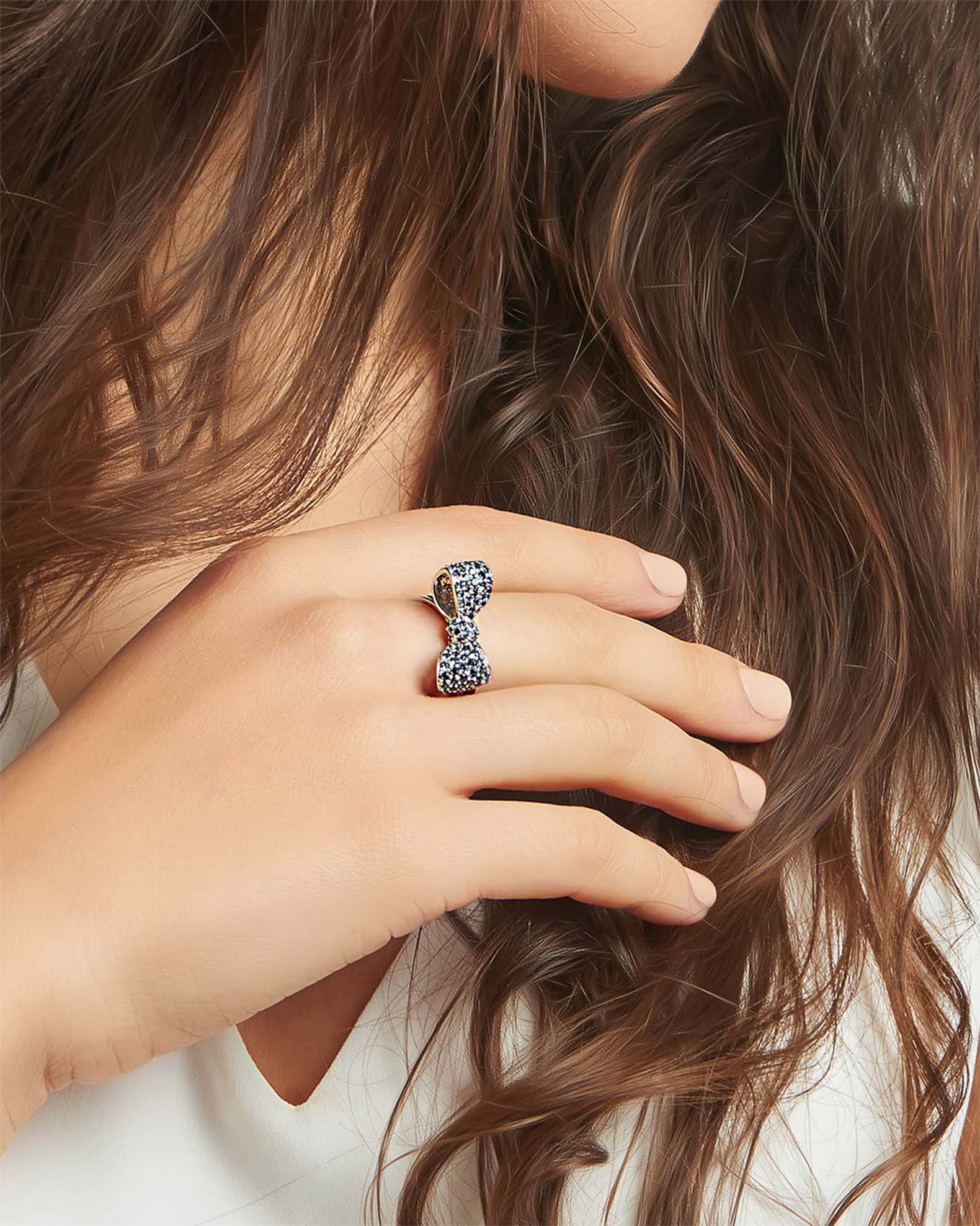 Mimi So 18K White Gold Small Bow Ring with Blue Sapphires Size 7 Neiman Marcus
