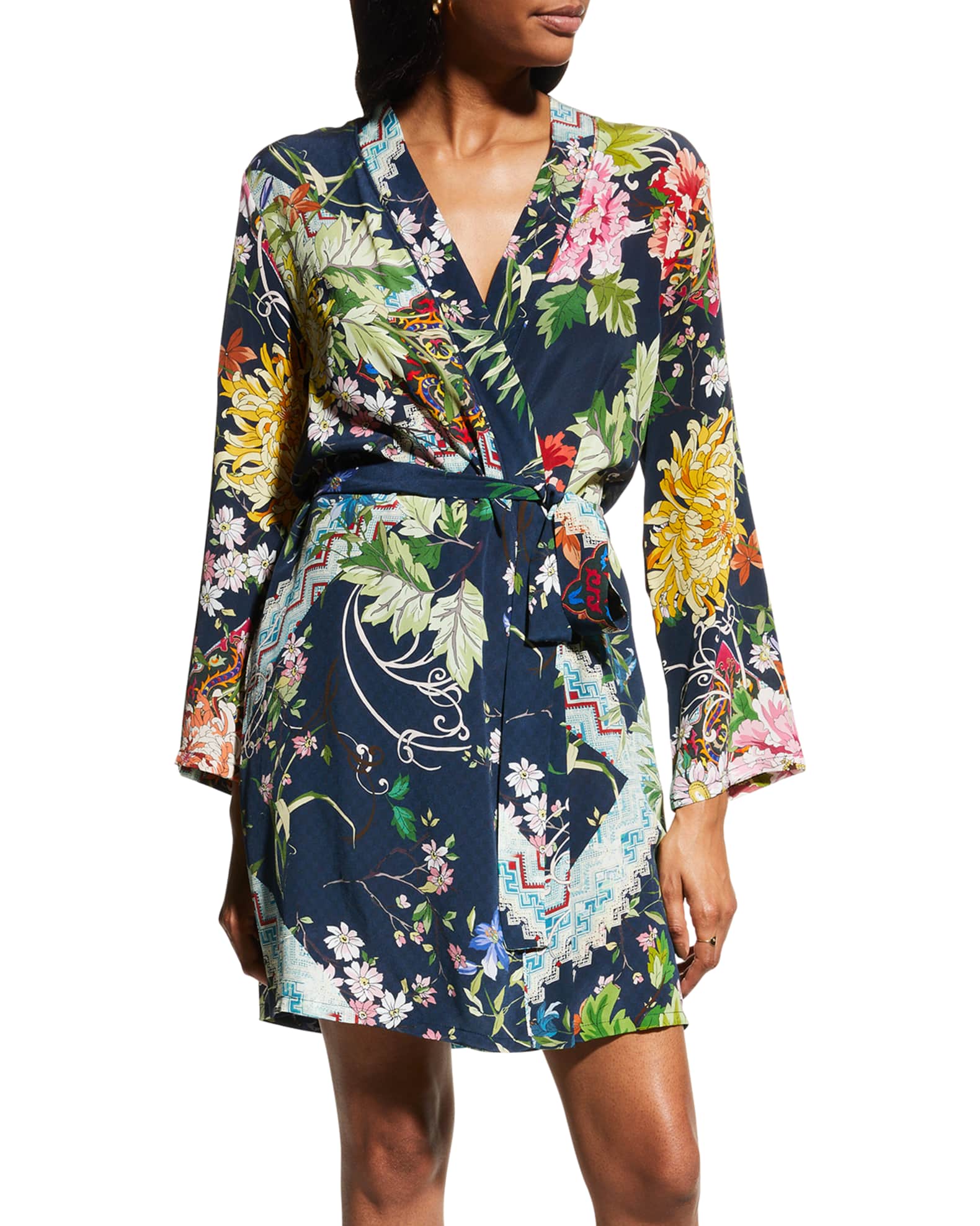 Johnny Was Evelyn Floral-Print Silk Robe | Neiman Marcus