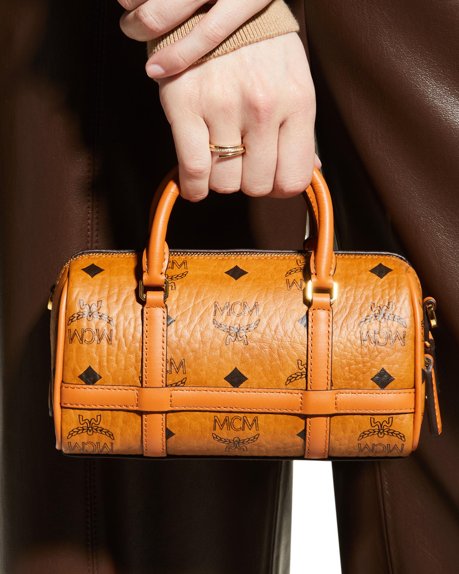 MCM Delmy Boston Mini Visetos Logo Top-Handle Bag | Neiman Marcus