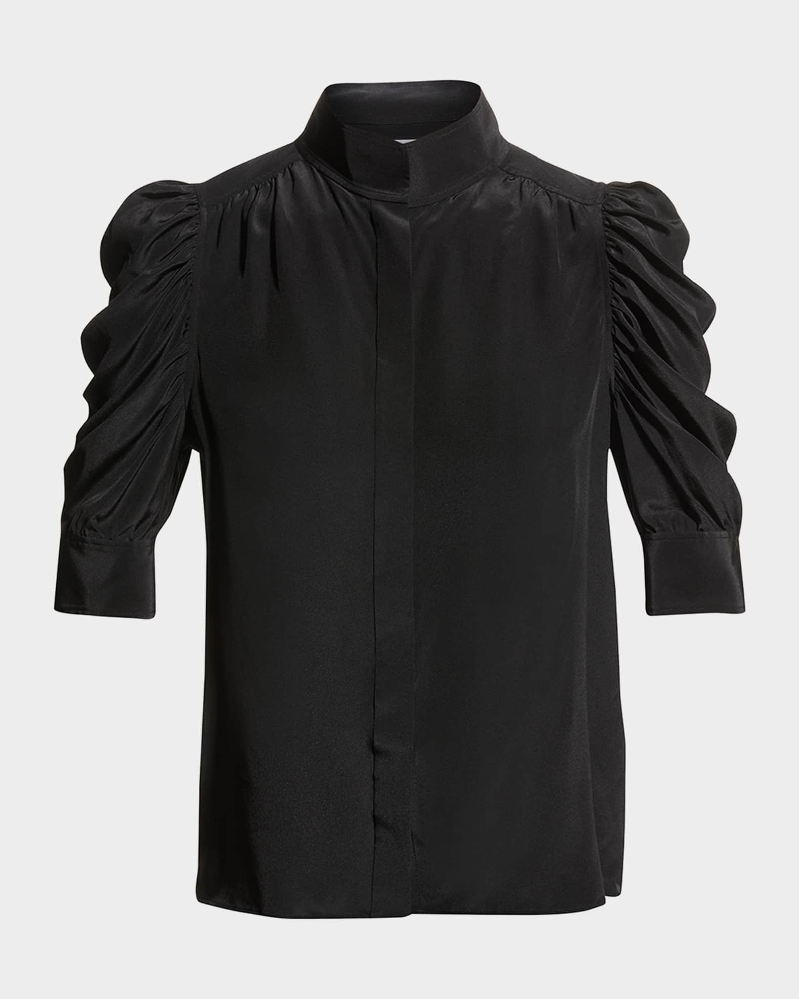 Gillian Silk Collared Puff-Sleeve Top 0