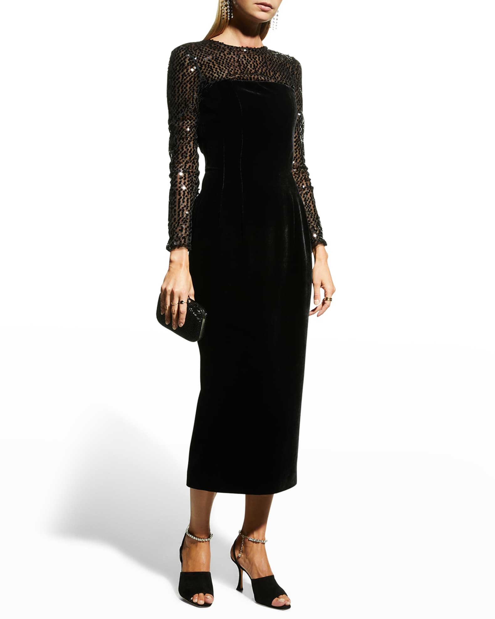 Rasario Mixed Media Bow Back Midi Dress Neiman Marcus