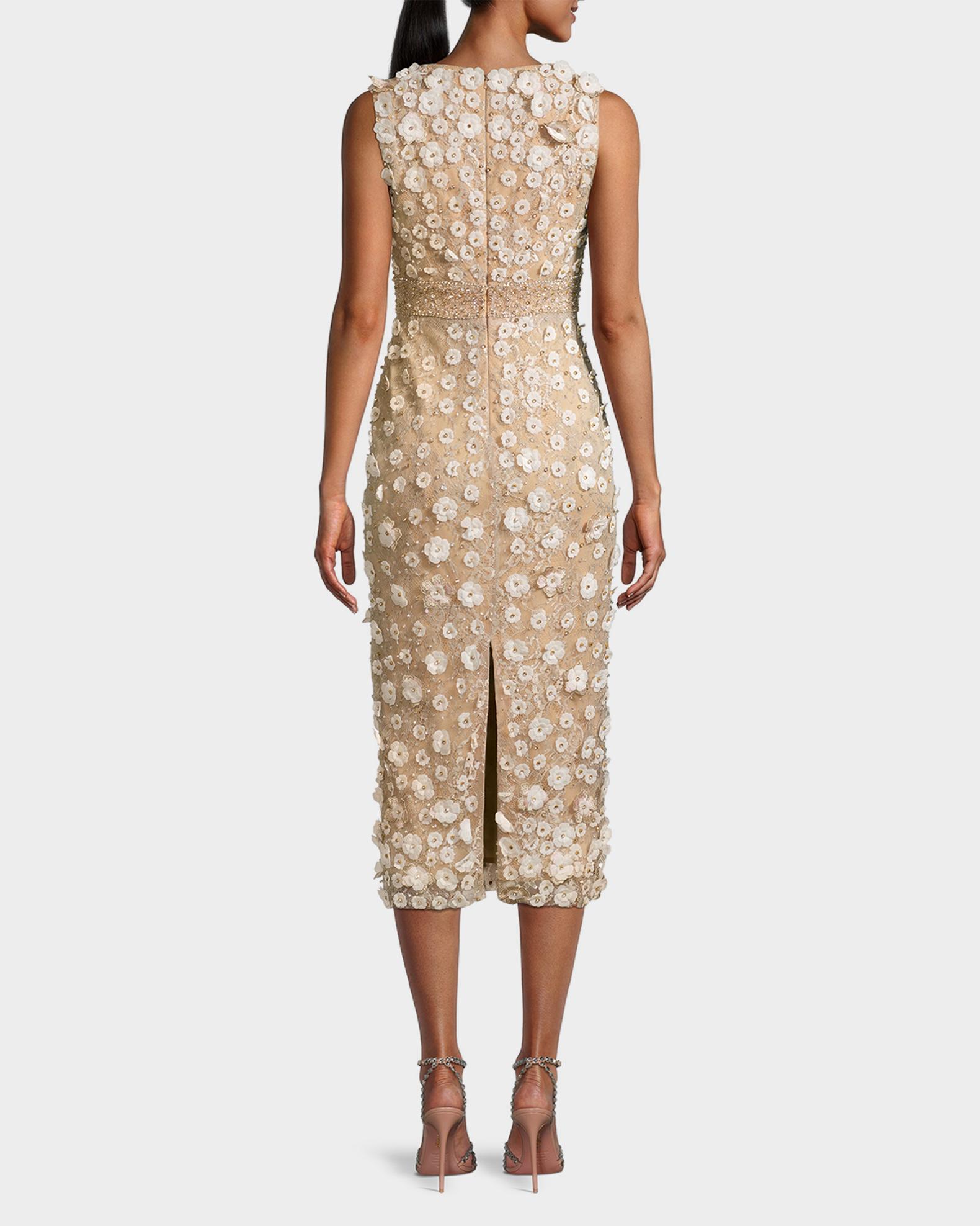 mac duggal floral beaded cocktail sheath dress Mac Duggal Floral Beaded Midi Sheath Dress - Nude Multi (Brown)