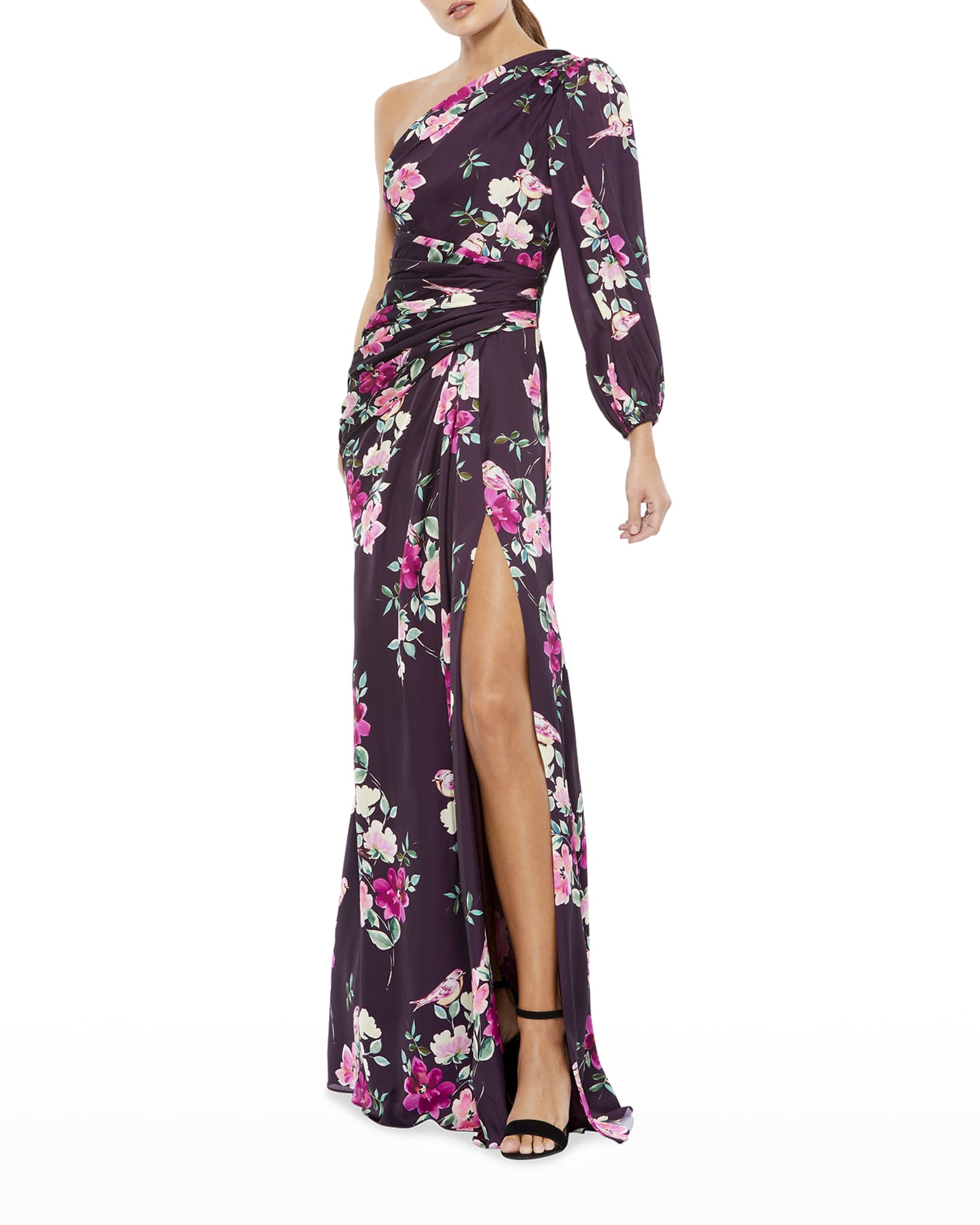 Ieena for Mac Duggal Floral-Print Satin One-Sleeve Gown | Neiman Marcus