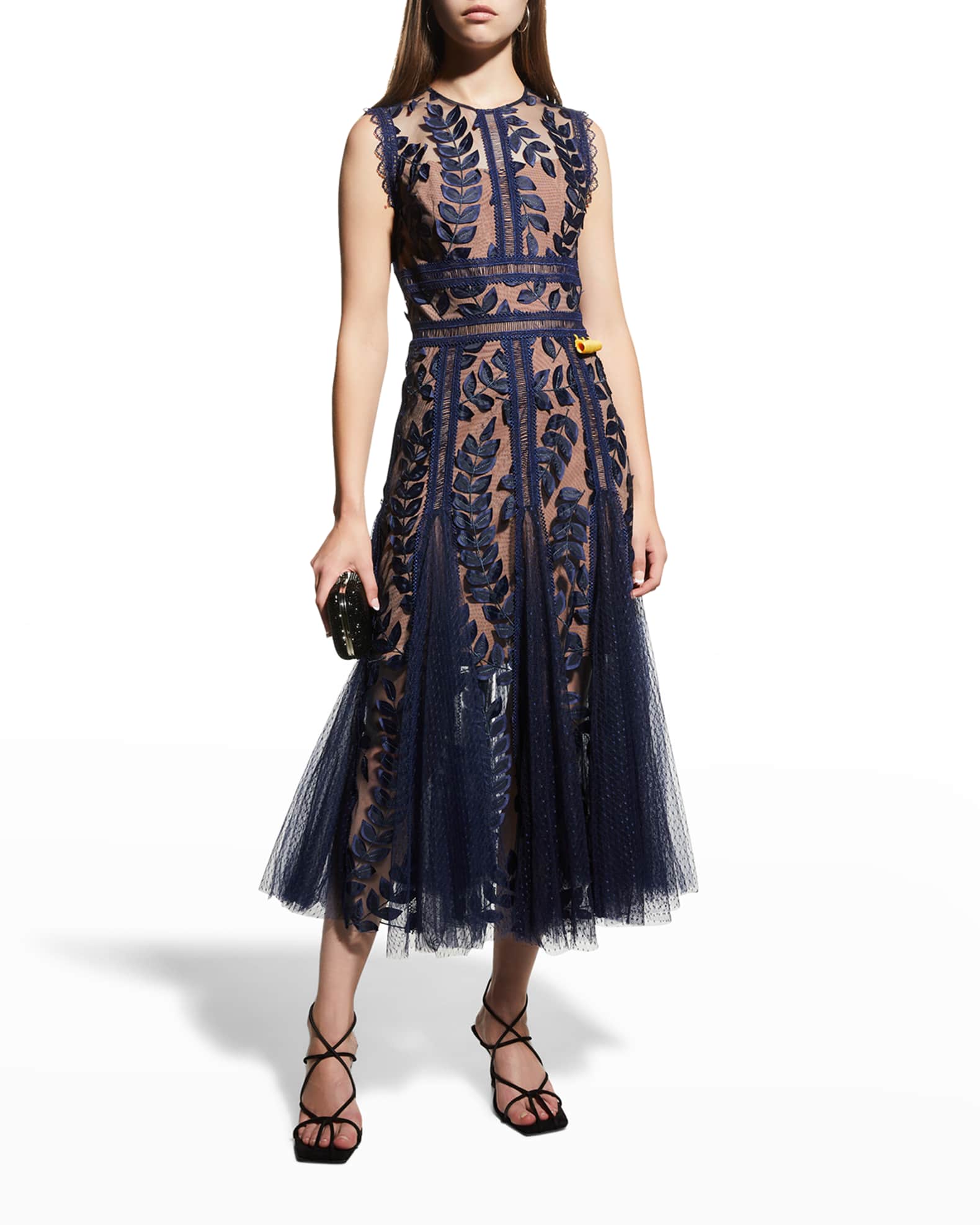 Bronx and Banco Saba Leaf-Appliqué Lace Midi Dress | Neiman Marcus