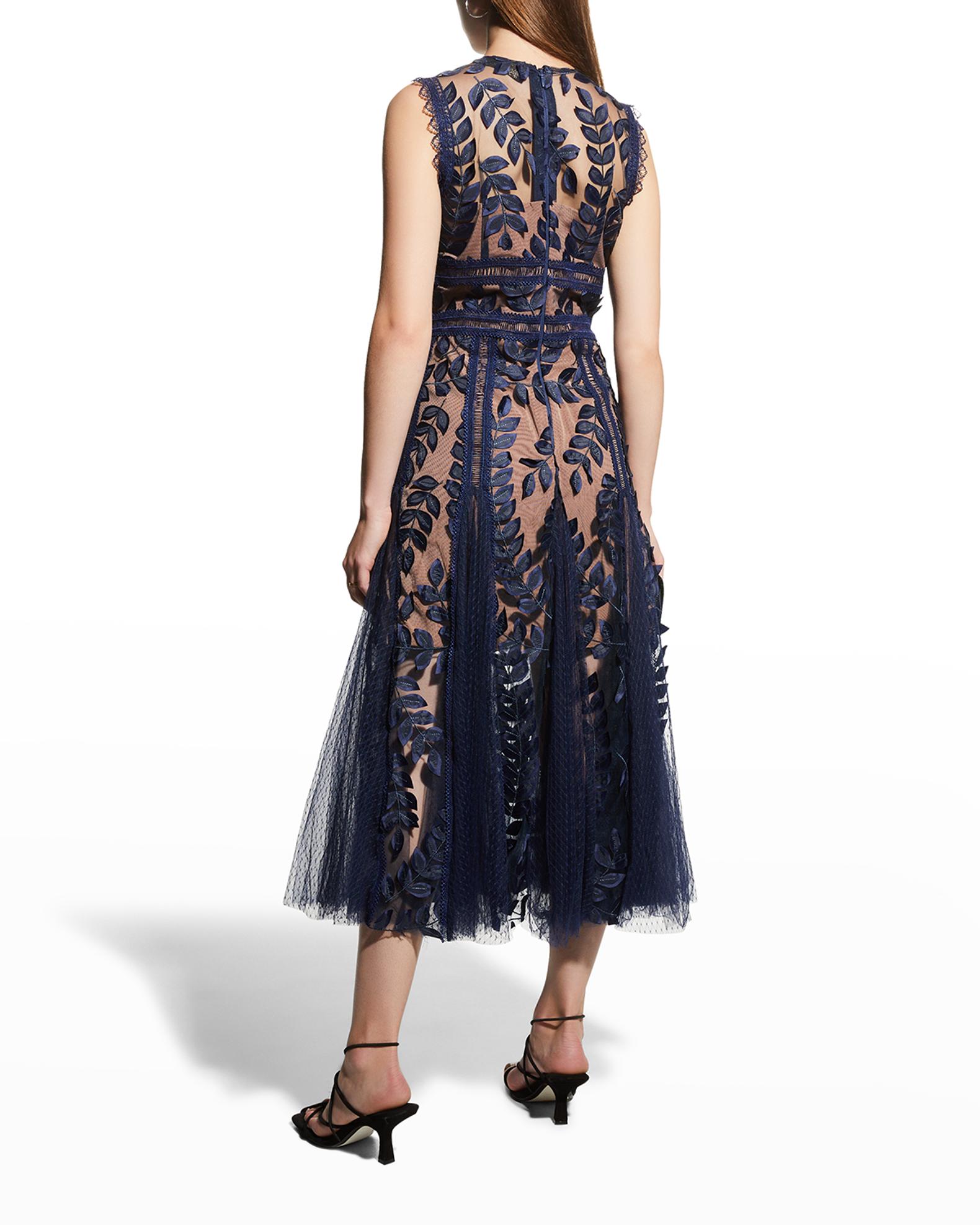 saba midi dress in navy Saba Leaf-Appliqué Lace Midi Dress