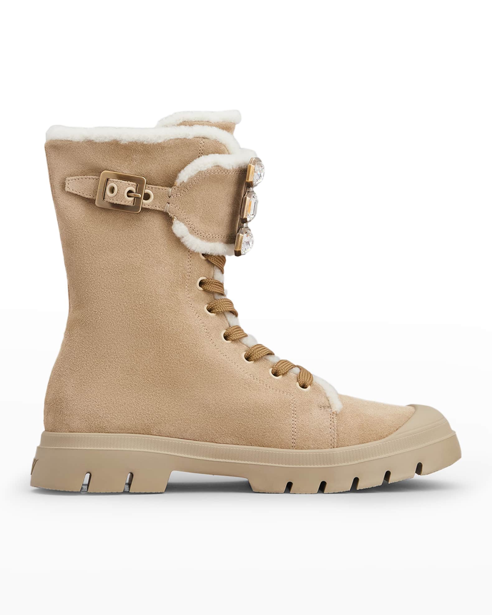 Roger Vivier Suede Shearling Crystal-Cuff Combat Boots | Neiman Marcus