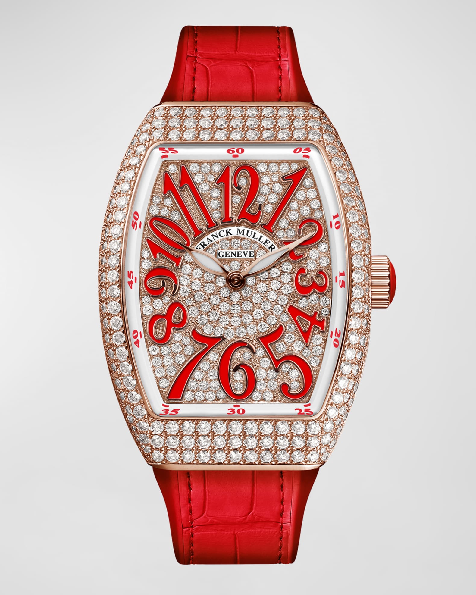 Franck Muller 18K Rose Gold Diamond Lady Vanguard Watch with Red Alligator Strap Neiman Marcus