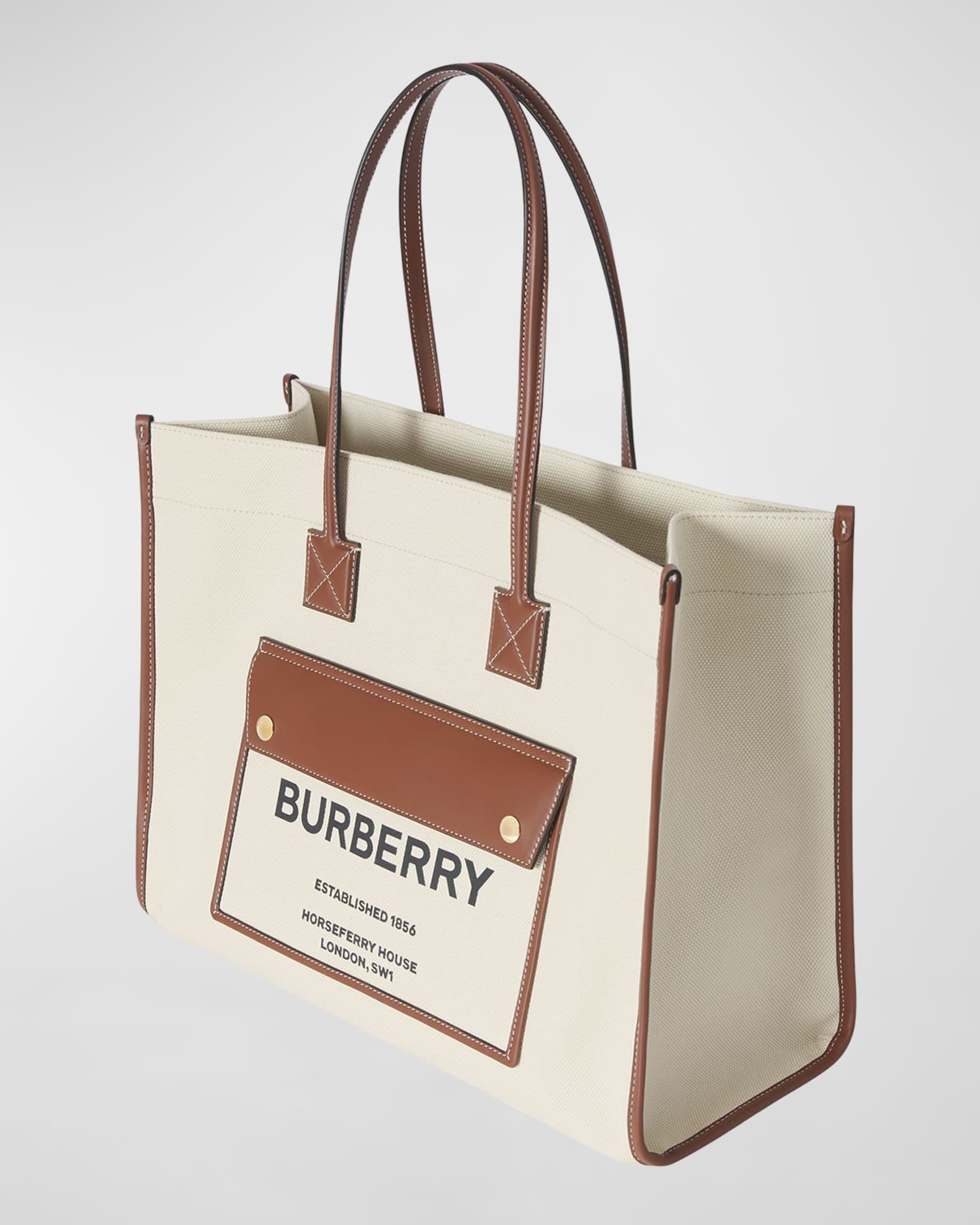 Burberry Smooth Leather Canvas Pocket East West Tote Bag Neiman Marcus