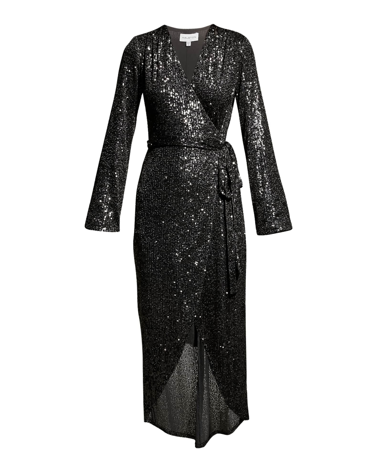 Halston Falan Sequin Long-Sleeve Wrap Dress | Neiman Marcus