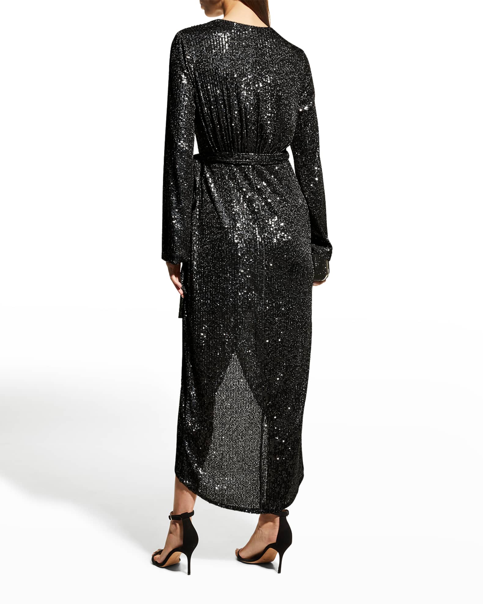 Halston Falan Sequin Long-Sleeve Wrap Dress | Neiman Marcus