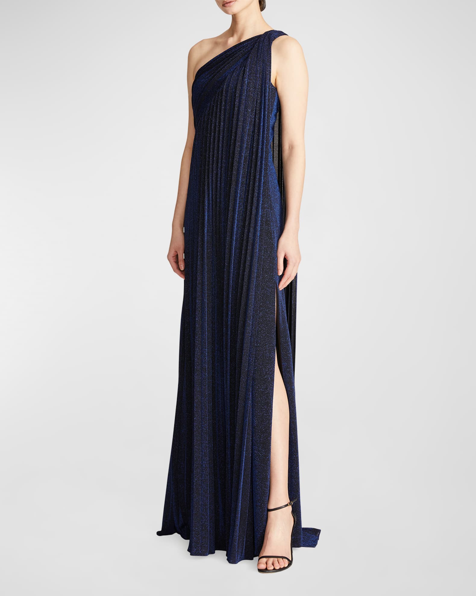Halston off shoulder pleated gown store