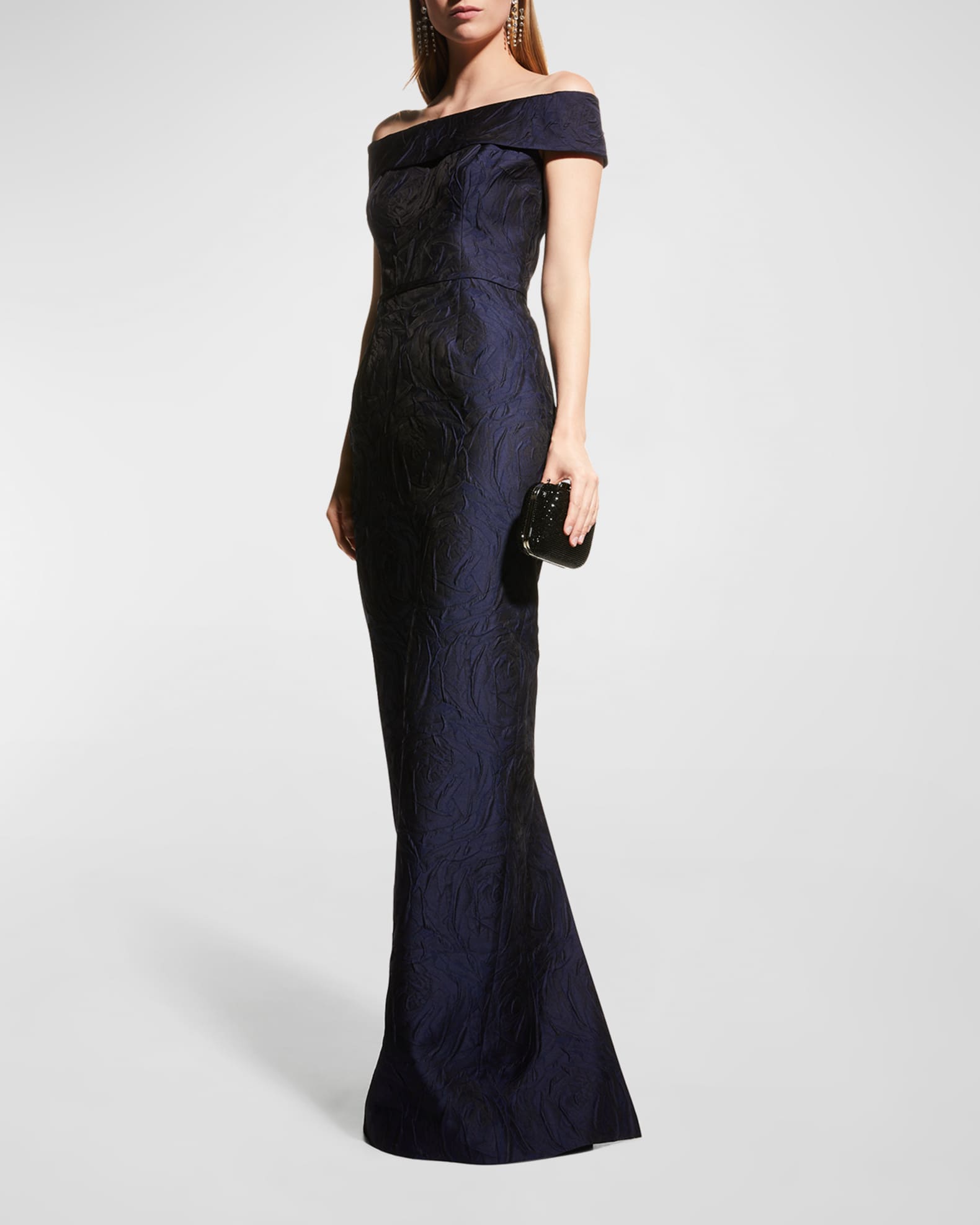 Rickie Freeman for Teri Jon Off-Shoulder Jacquard Column Gown | Neiman ...