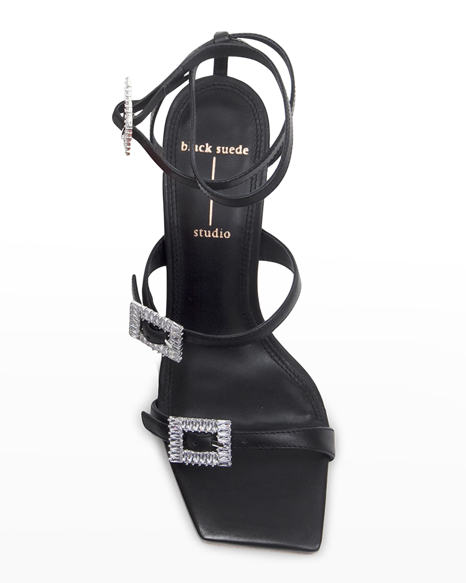 Black Suede Studio Livia Crystal Buckles Strappy Sandals | Neiman Marcus
